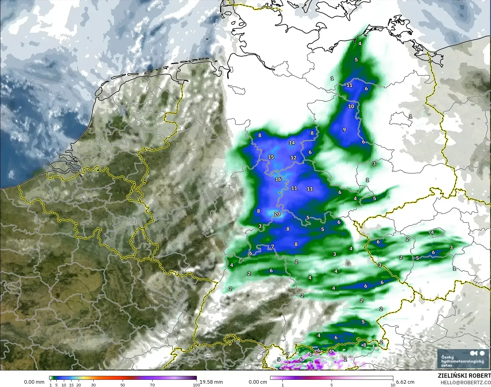 ALADIN CZ 2.3 km modelo - Alemania, Precipitación, nubes y presión