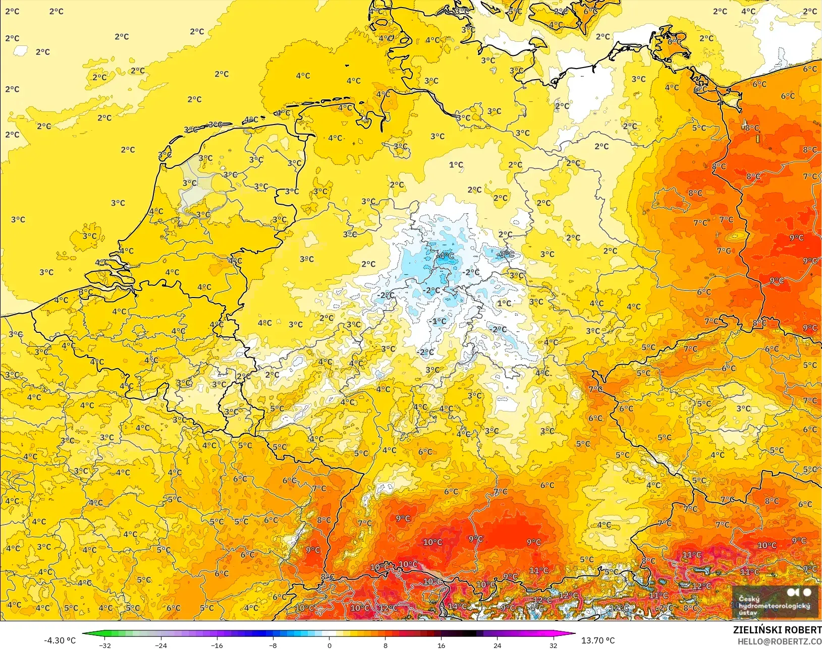 ALADIN CZ 2.3 km modelo - Alemania, Anomalía de temperatura a 2 m