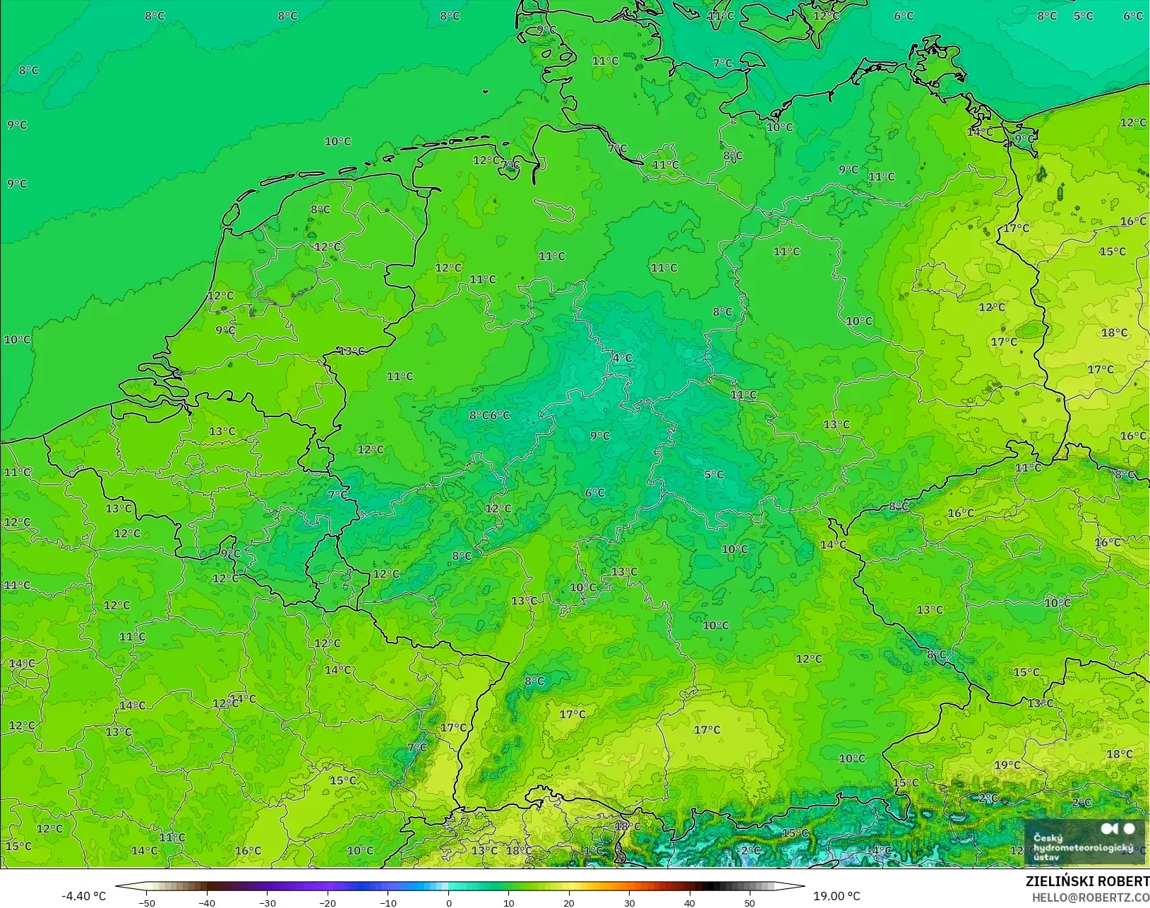 ALADIN CZ 2.3 km modelo - Alemania, Temperatura a 2 m