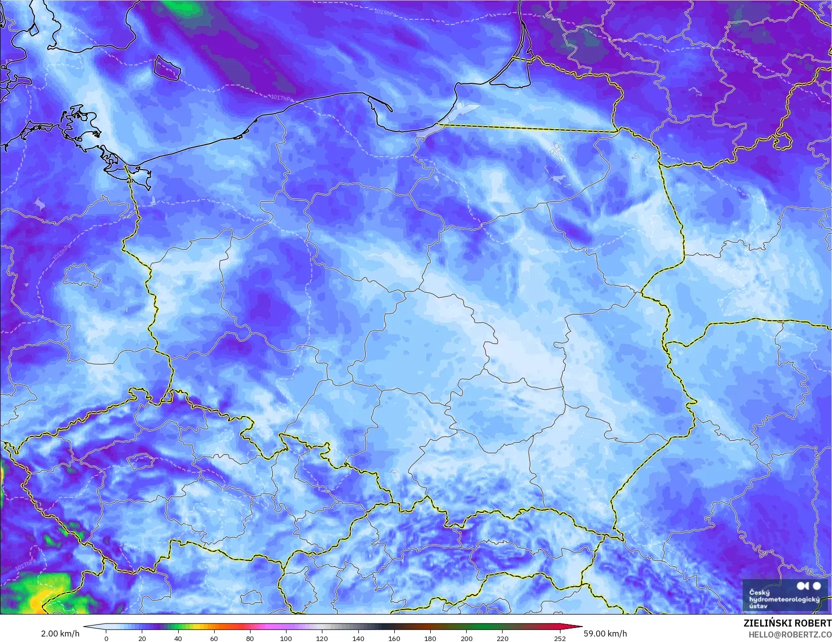 ALADIN CZ 2.3 km modelo - Polonia, Ráfagas de Viento Máximas