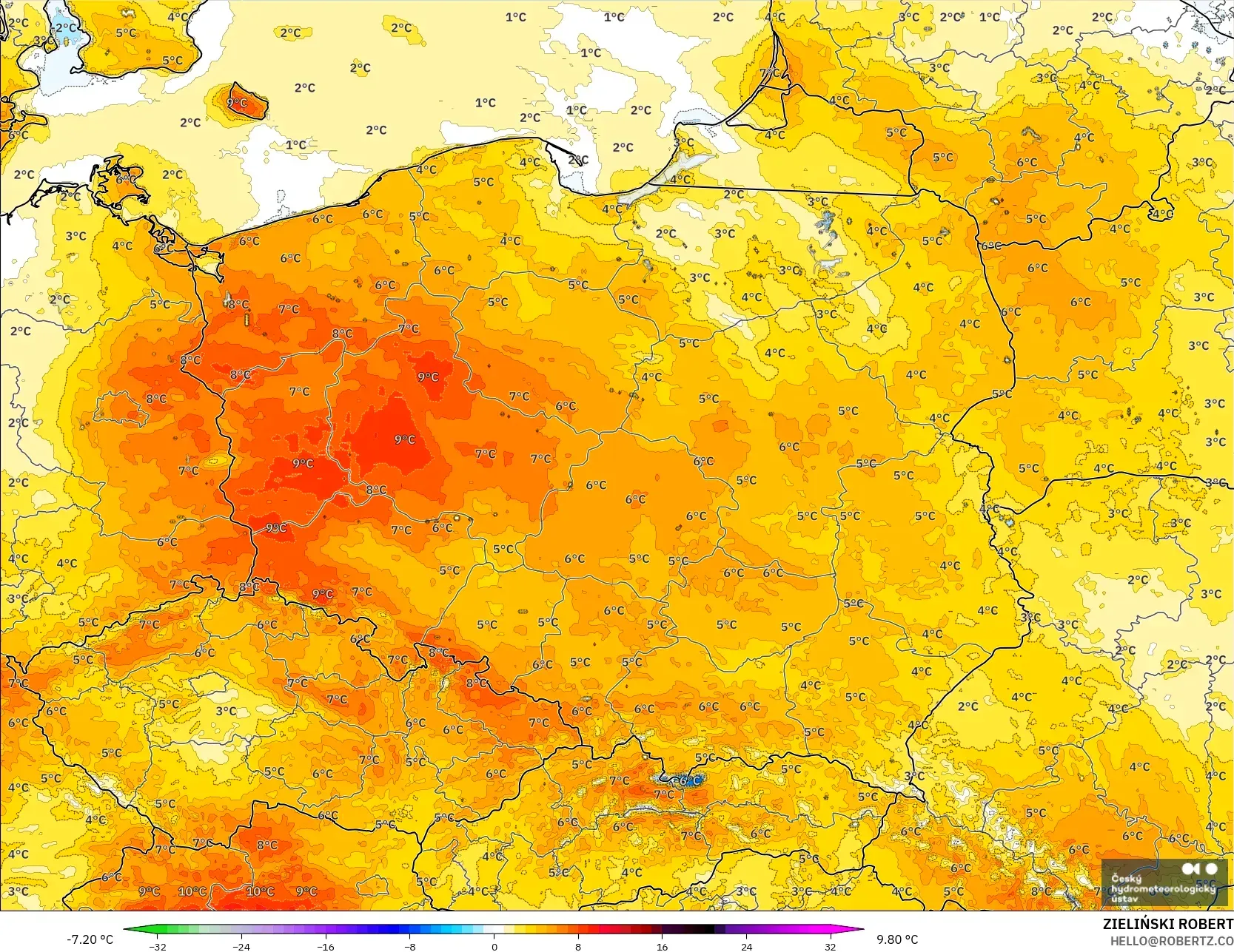 ALADIN CZ 2.3 km modelo - Polonia, Anomalía de temperatura a 2 m