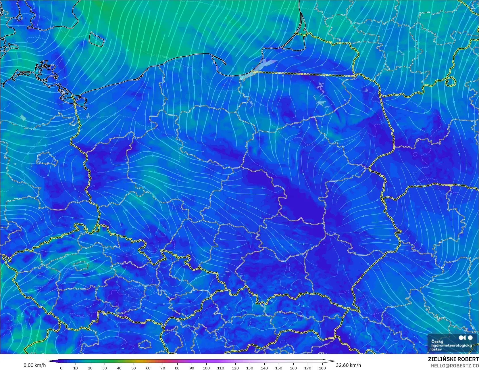 ALADIN CZ 2.3 km modelo - Polonia, Viento a 10 m