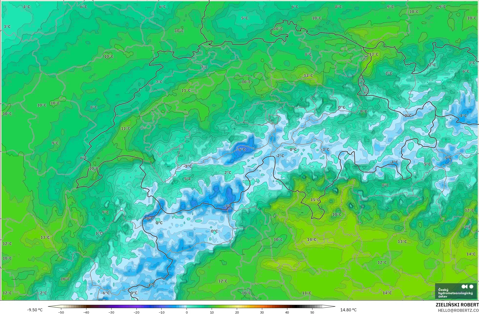 ALADIN CZ 2.3 km modelo - Suiza, Punto de rocío a 2 m