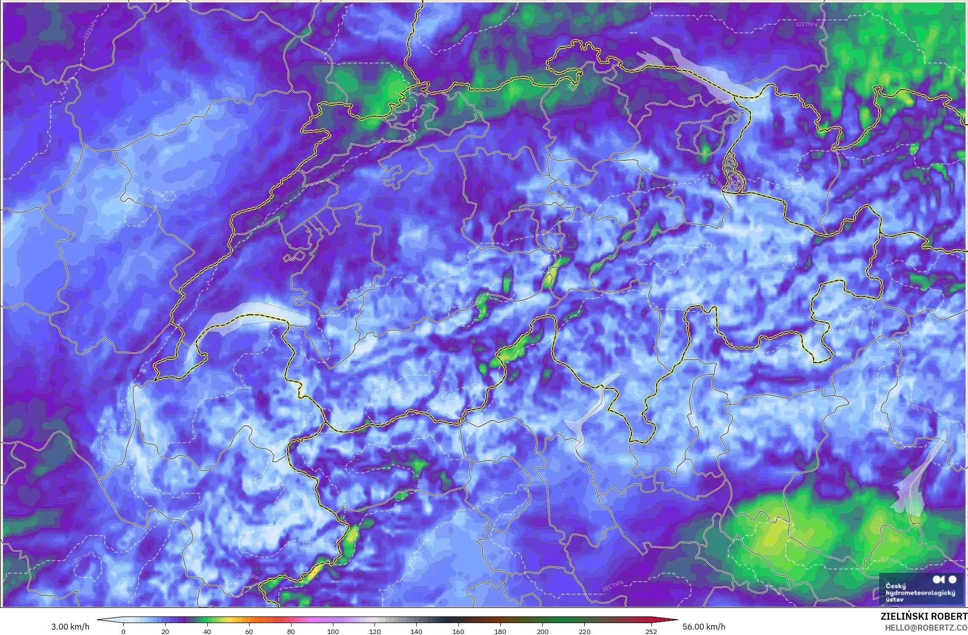 ALADIN CZ 2.3 km modelo - Suiza, Ráfagas de Viento Máximas