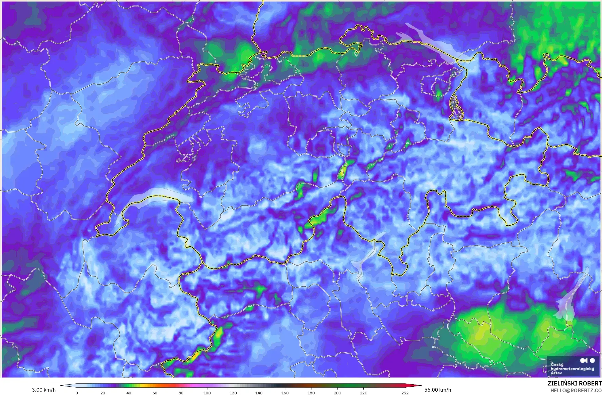 ALADIN CZ 2.3 km modelo - Suiza, Ráfagas de viento