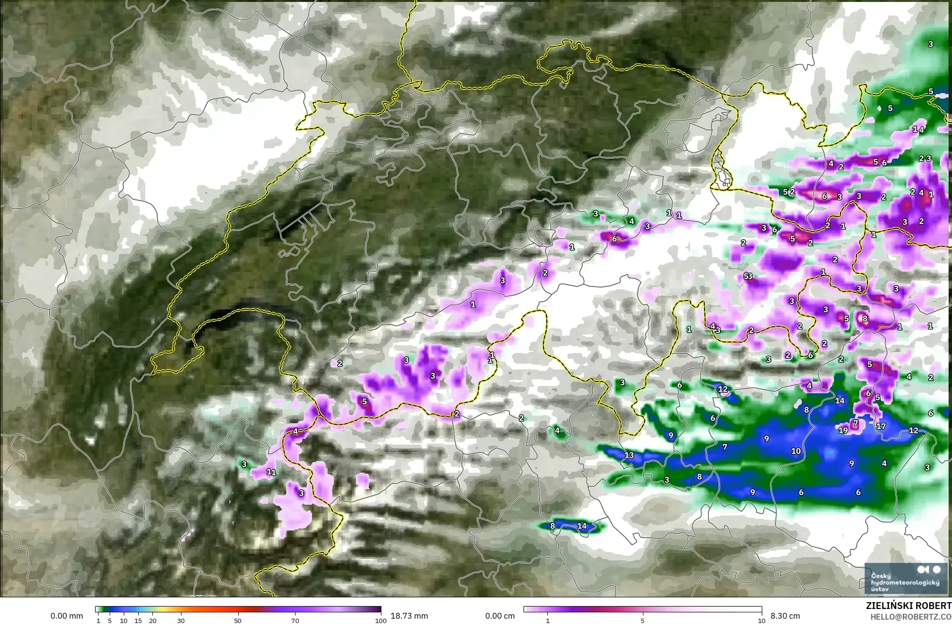 ALADIN CZ 2.3 km modelo - Suiza, Precipitación, nubes y presión