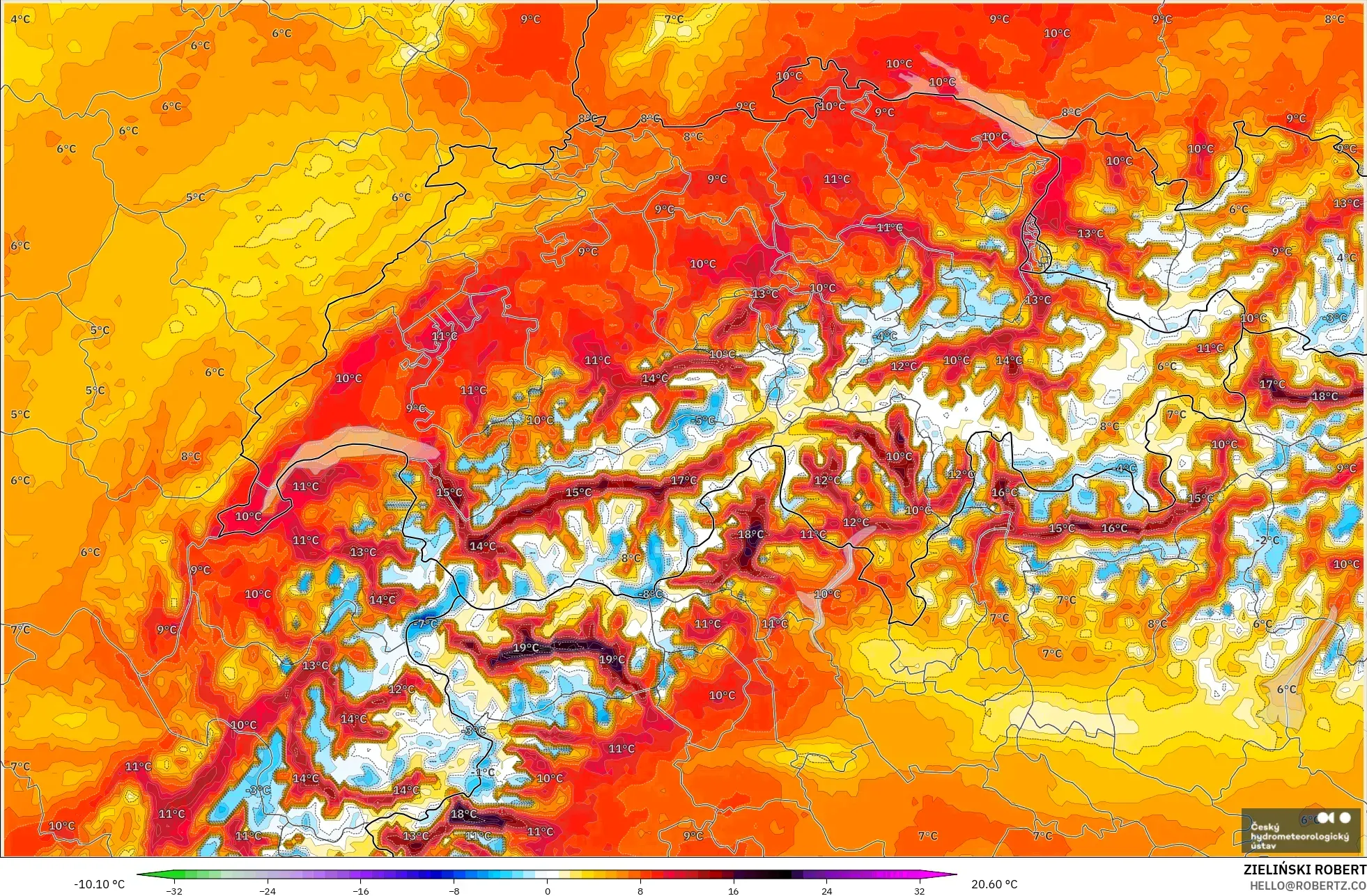 ALADIN CZ 2.3 km modelo - Suiza, Anomalía de temperatura a 2 m