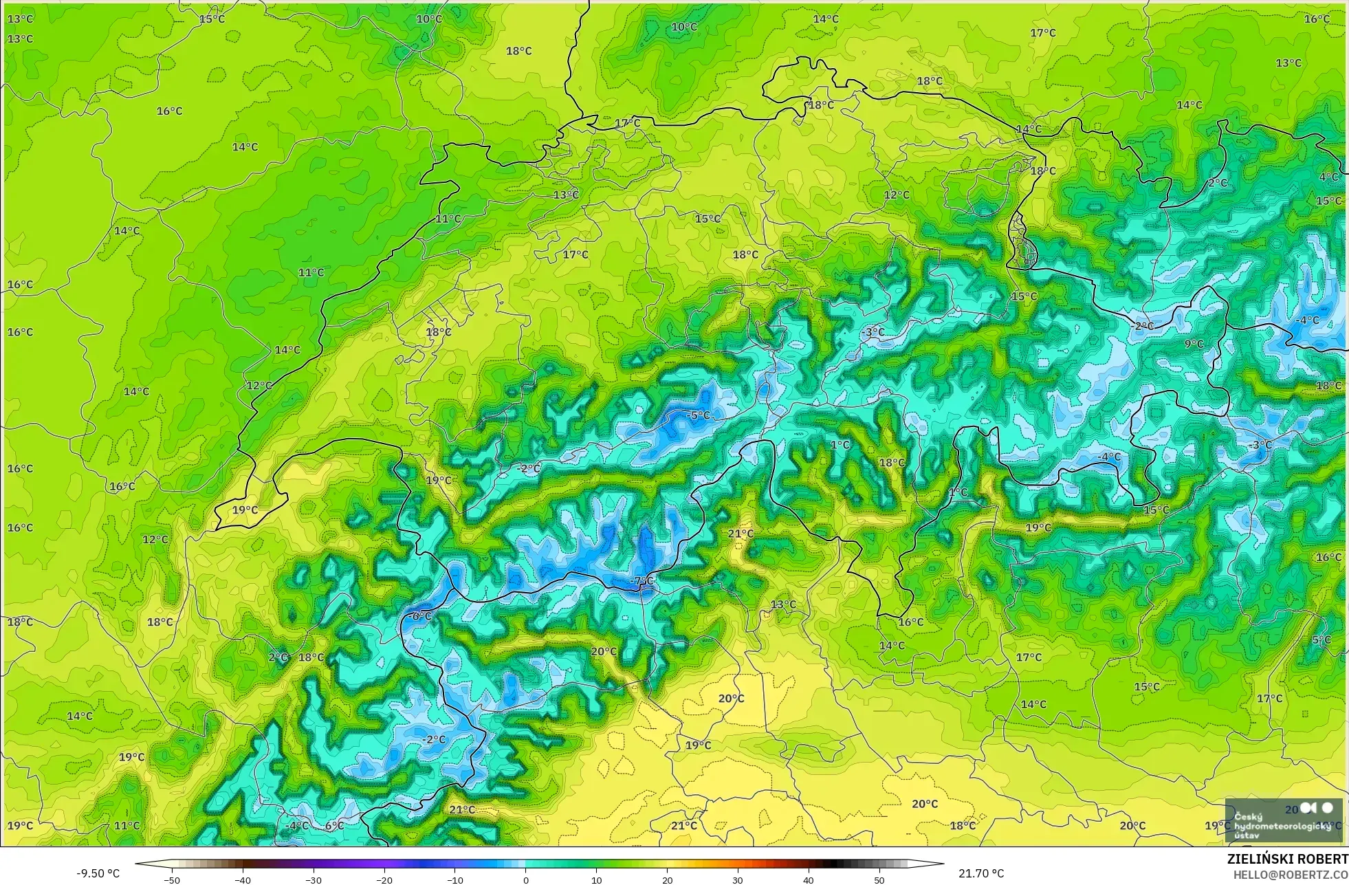 ALADIN CZ 2.3 km modelo - Suiza, Temperatura a 2 m