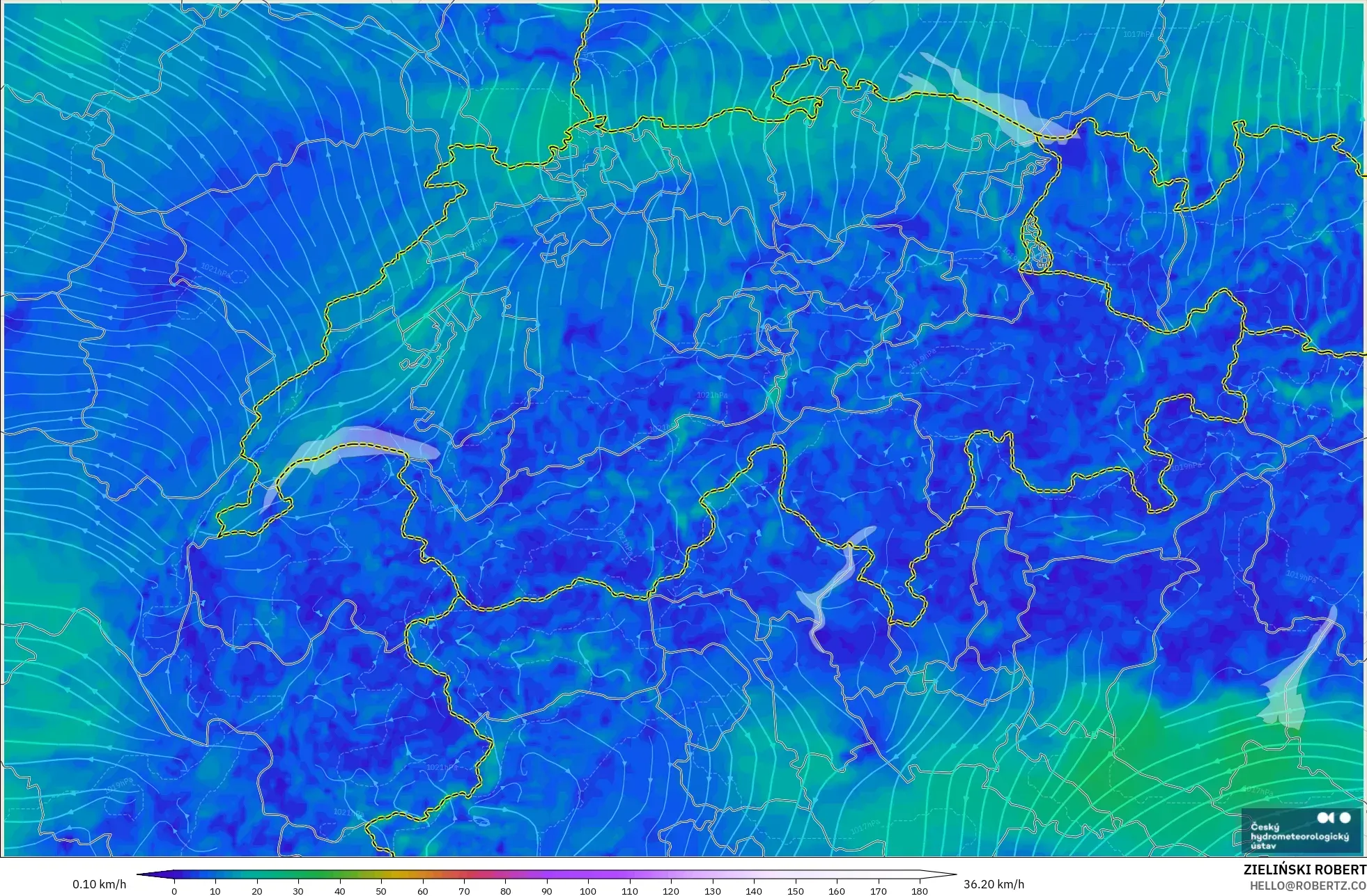 ALADIN CZ 2.3 km modelo - Suiza, Viento a 10 m