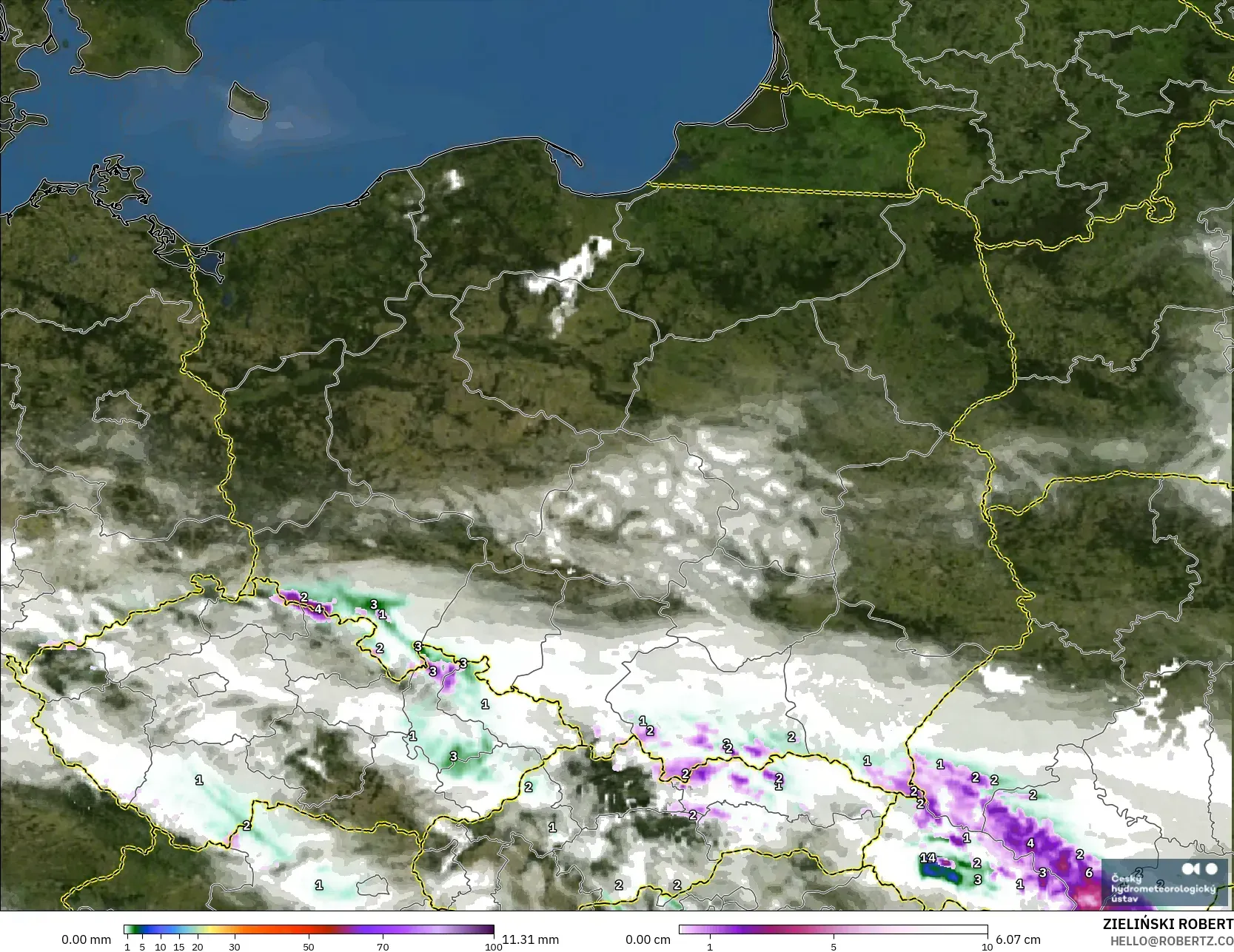 ALADIN CZ 2.3 km modelo - Polonia, Precipitación, nubes y presión