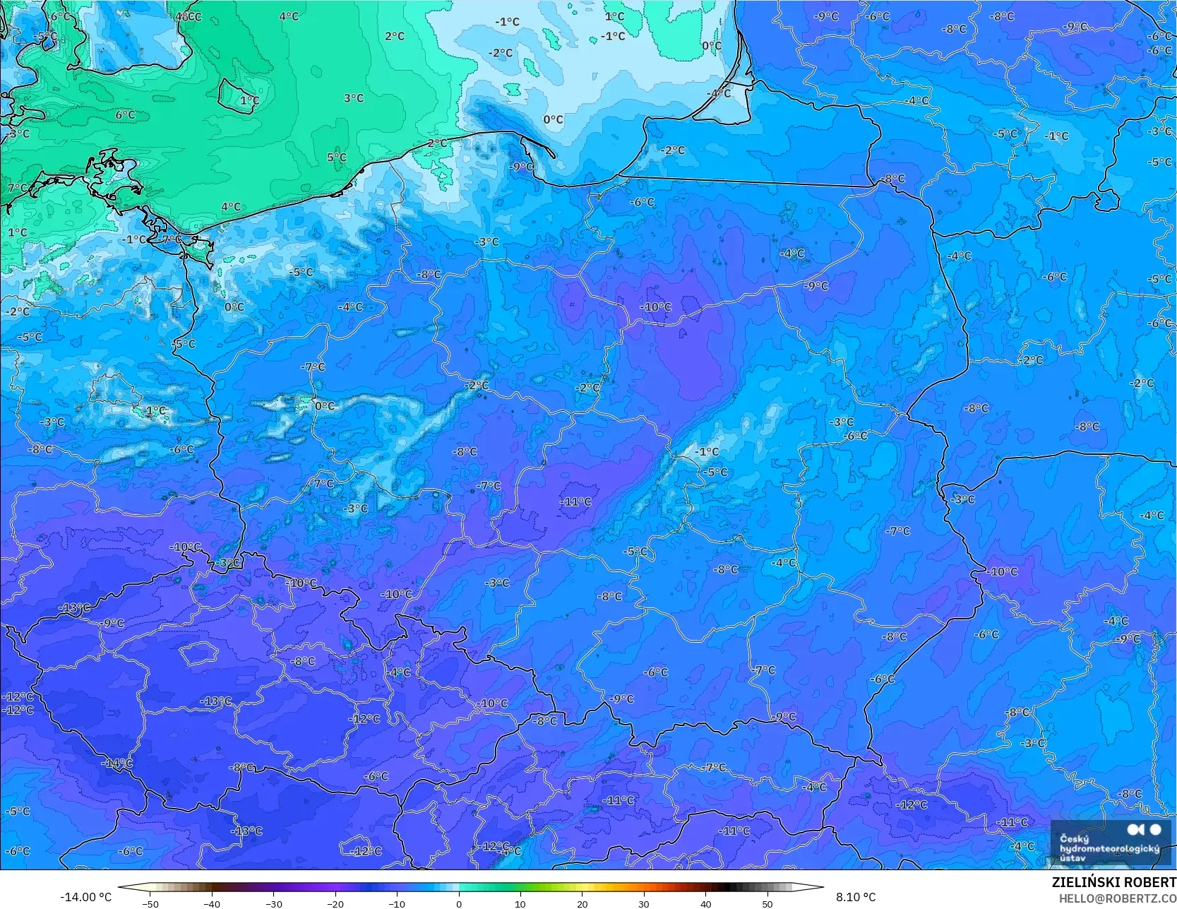 ALADIN CZ 2.3 km modelo - Polonia, Punto de rocío a 2 m