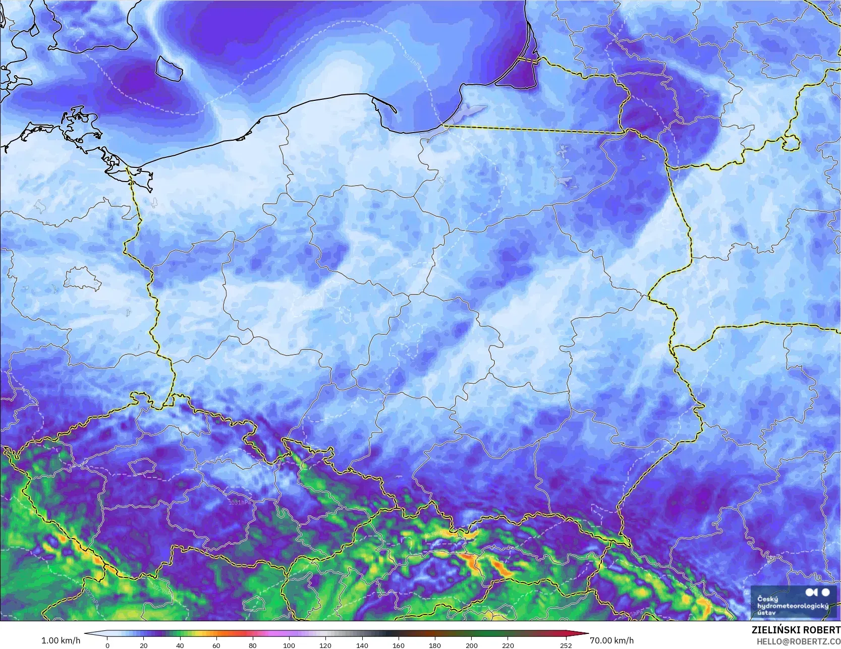 ALADIN CZ 2.3 km modelo - Polonia, Ráfagas de Viento Máximas