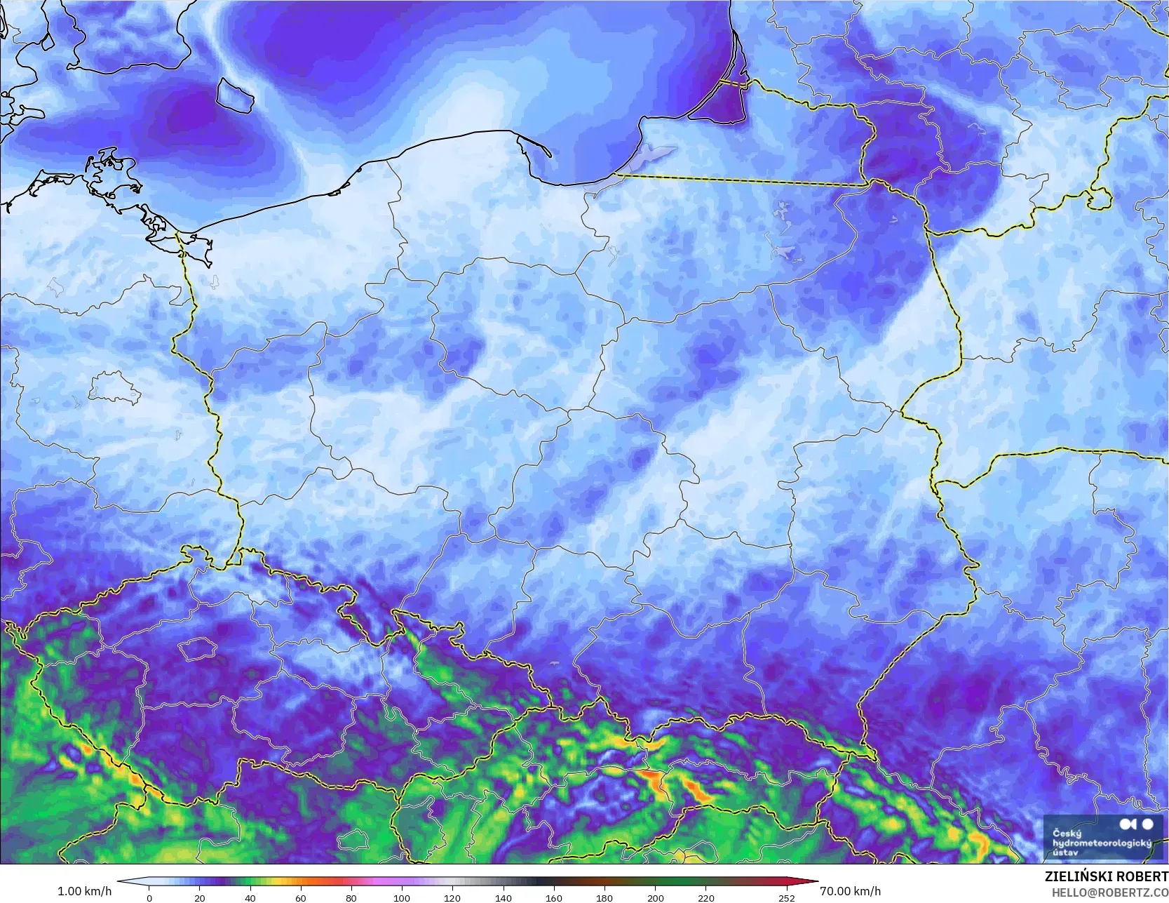 ALADIN CZ 2.3 km modelo - Polonia, Ráfagas de viento
