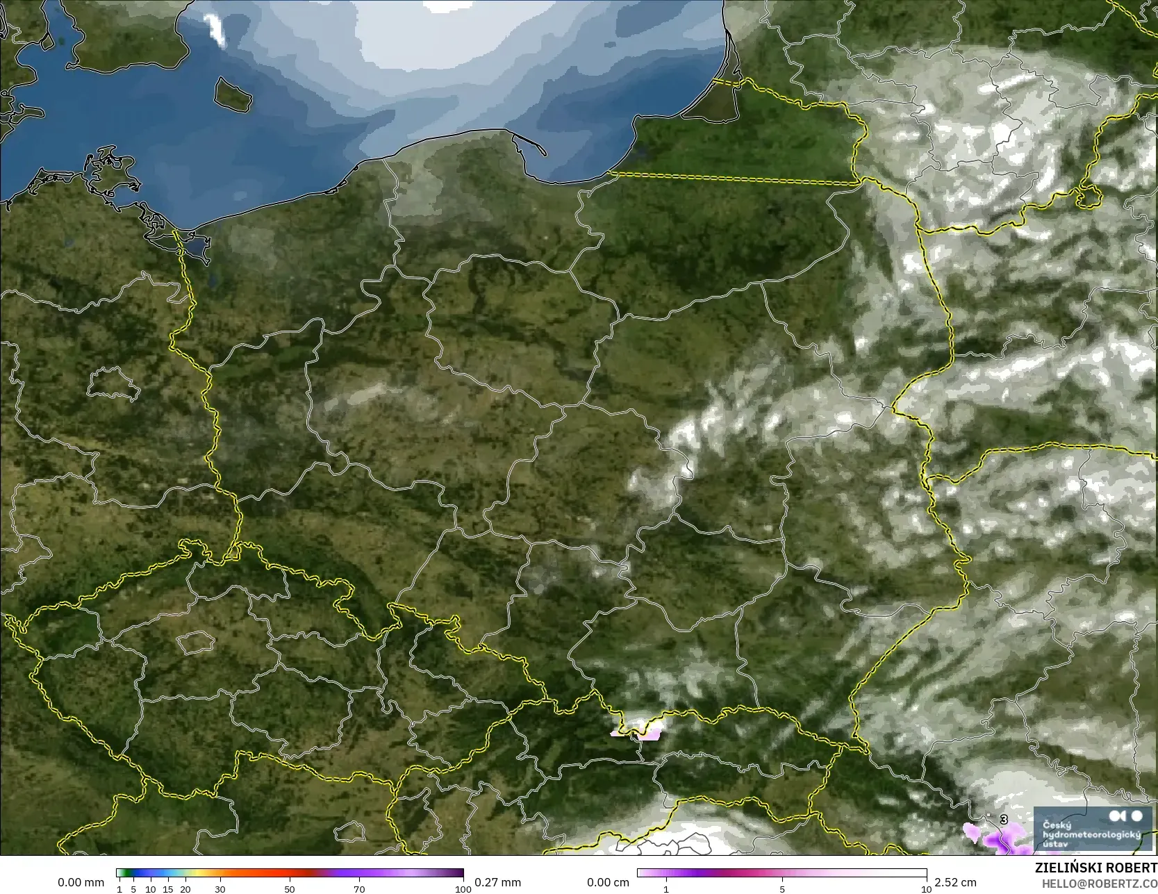 ALADIN CZ 2.3 km modelo - Polonia, Precipitación, nubes y presión