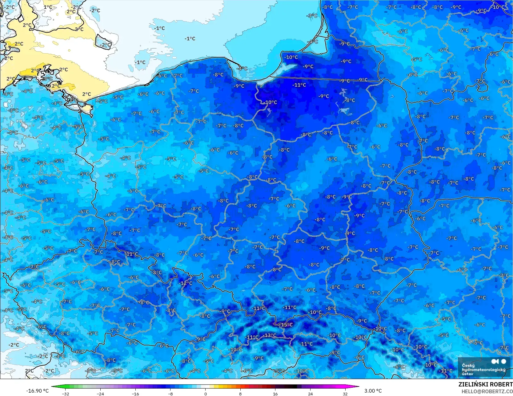 ALADIN CZ 2.3 km modelo - Polonia, Anomalía de temperatura a 2 m