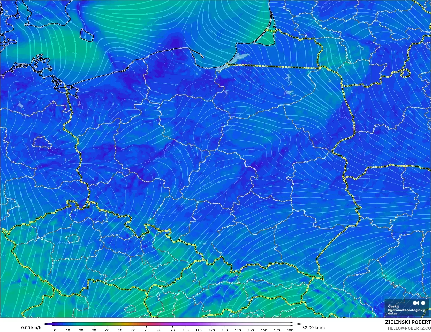 ALADIN CZ 2.3 km modelo - Polonia, Viento a 10 m