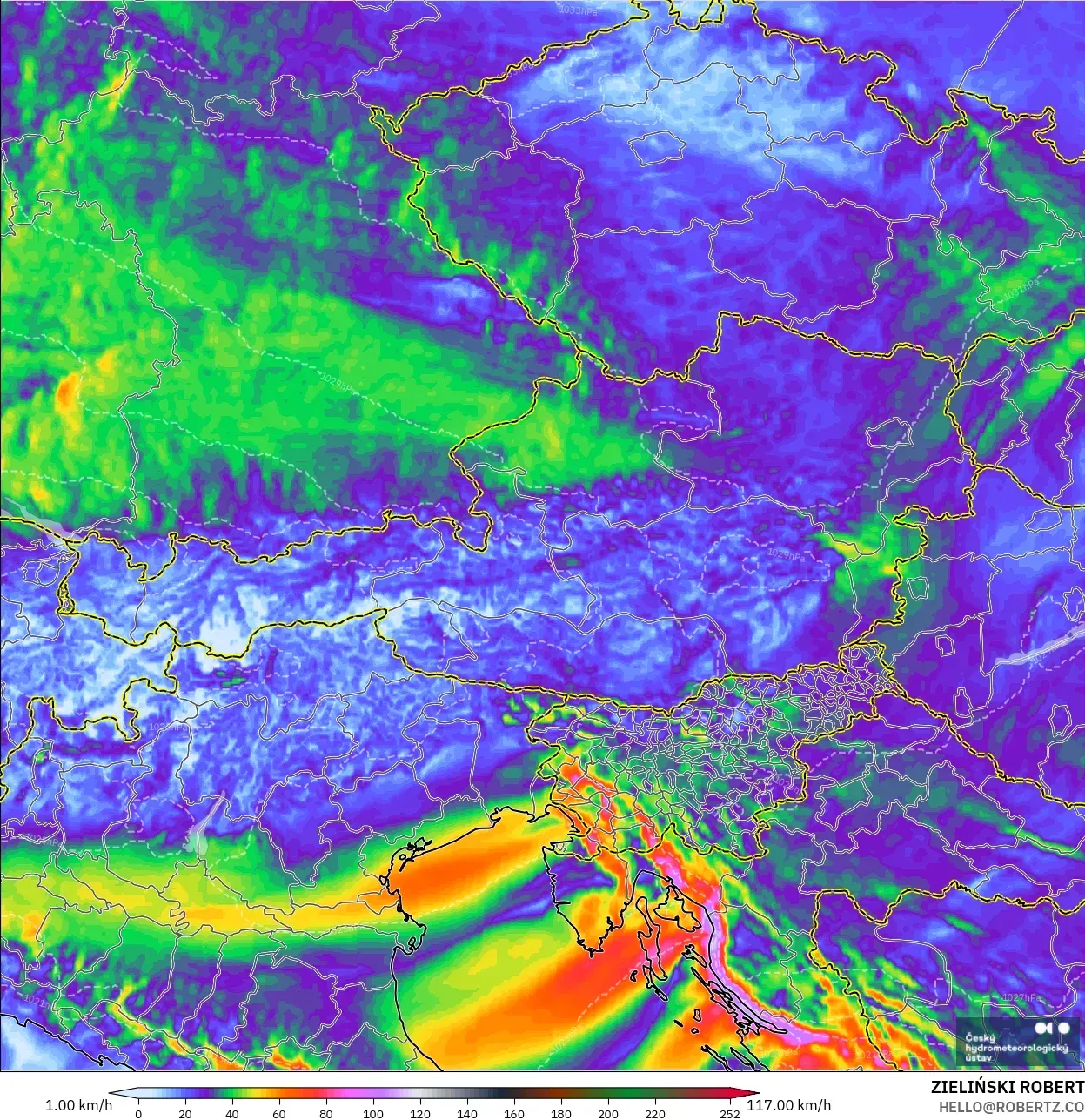 ALADIN CZ 2.3 km modelo - Austria, Ráfagas de Viento Máximas