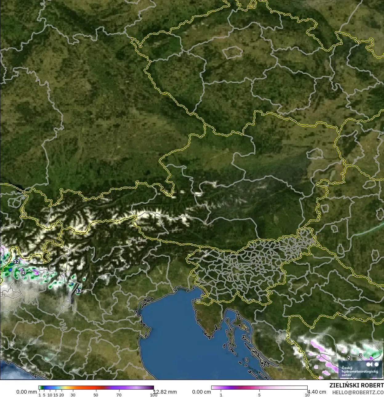 ALADIN CZ 2.3 km modelo - Austria, Precipitación, nubes y presión