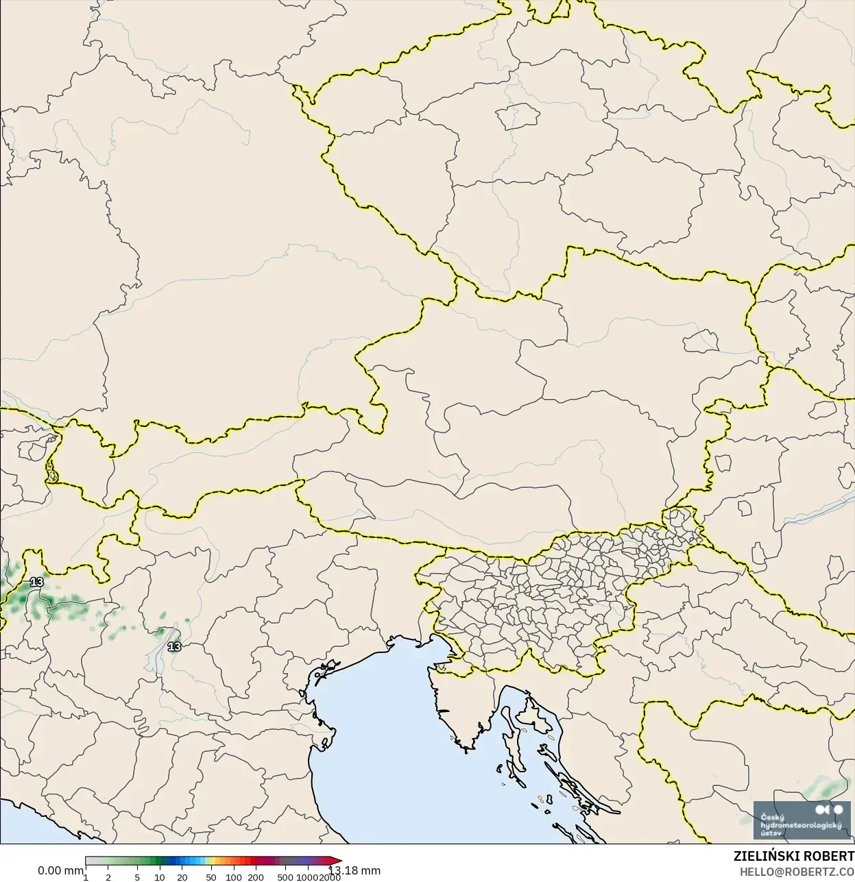 ALADIN CZ 2.3 km modelo - Austria, Acumulación de precipitación