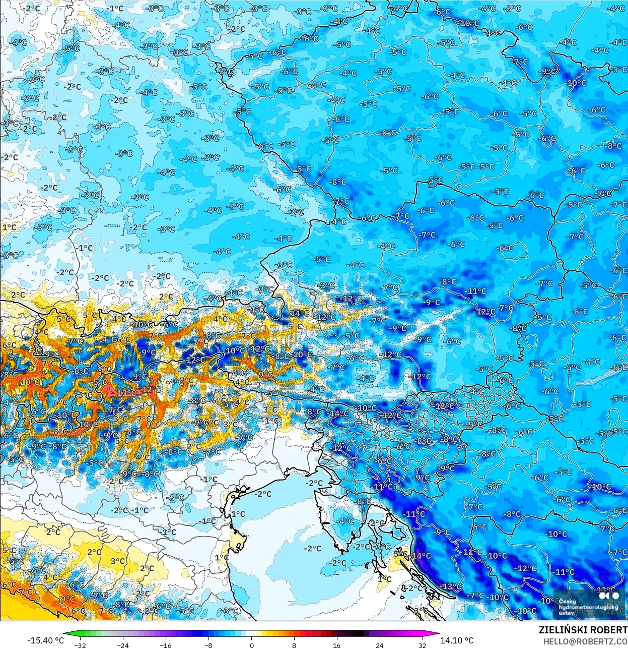 ALADIN CZ 2.3 km modelo - Austria, Anomalía de temperatura a 2 m