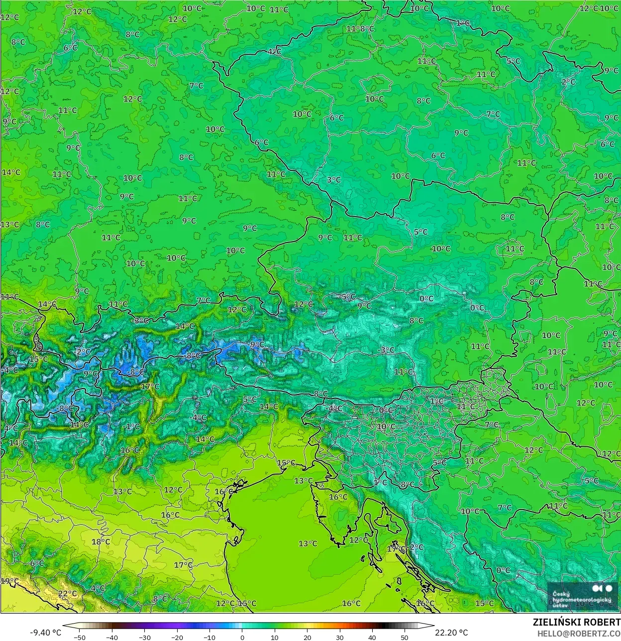 ALADIN CZ 2.3 km modelo - Austria, Temperatura a 2 m