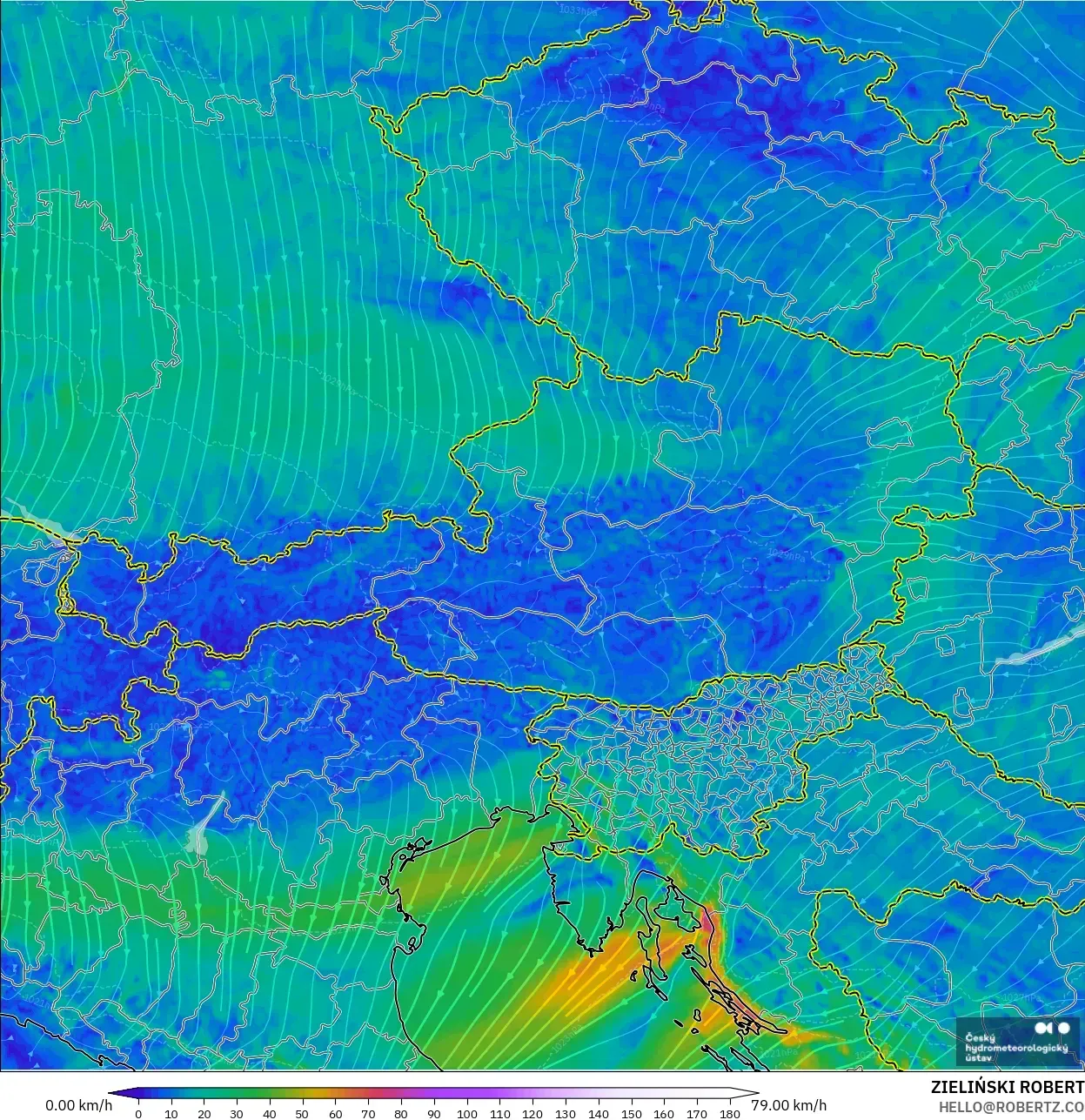ALADIN CZ 2.3 km modelo - Austria, Viento a 10 m