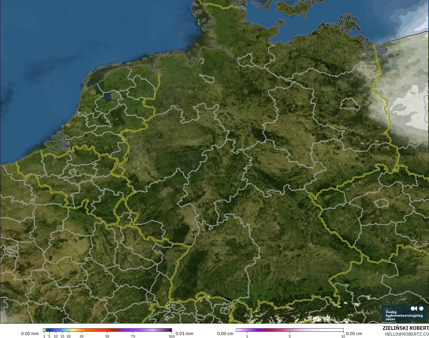 ALADIN CZ 2.3 km modelo - Alemania, Precipitación, nubes y presión