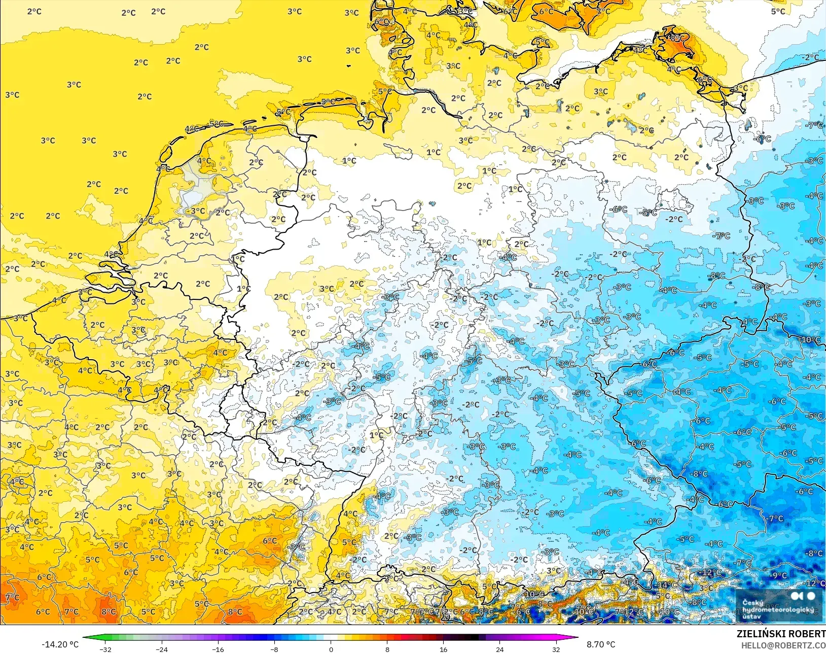 ALADIN CZ 2.3 km modelo - Alemania, Anomalía de temperatura a 2 m