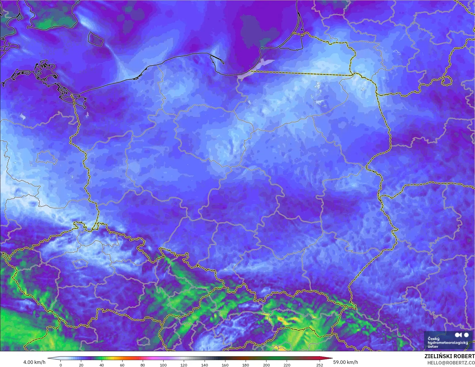 ALADIN CZ 2.3 km modelo - Polonia, Ráfagas de viento