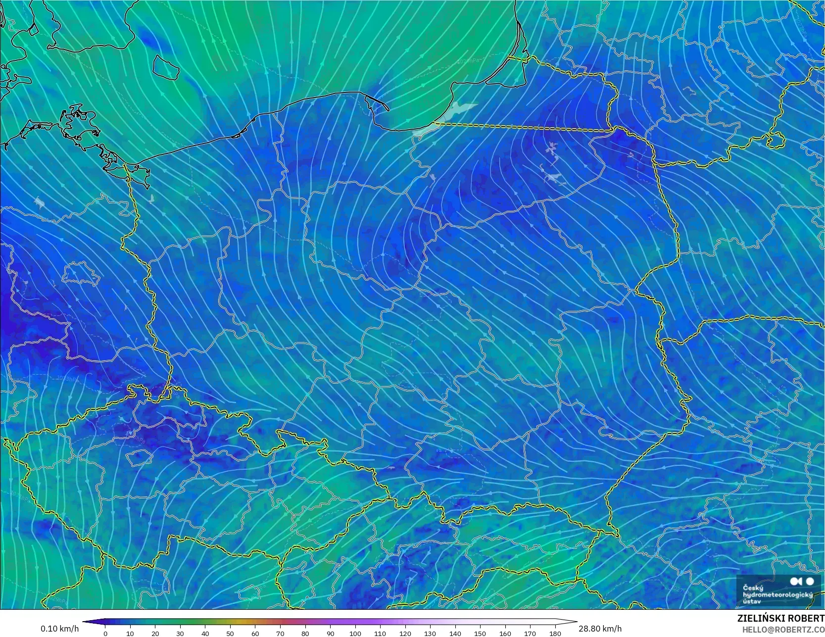 ALADIN CZ 2.3 km modelo - Polonia, Viento a 10 m