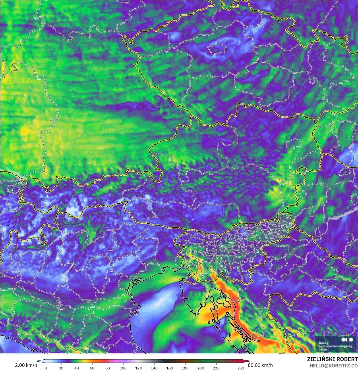 ALADIN CZ 2.3 km modelo - Austria, Ráfagas de viento
