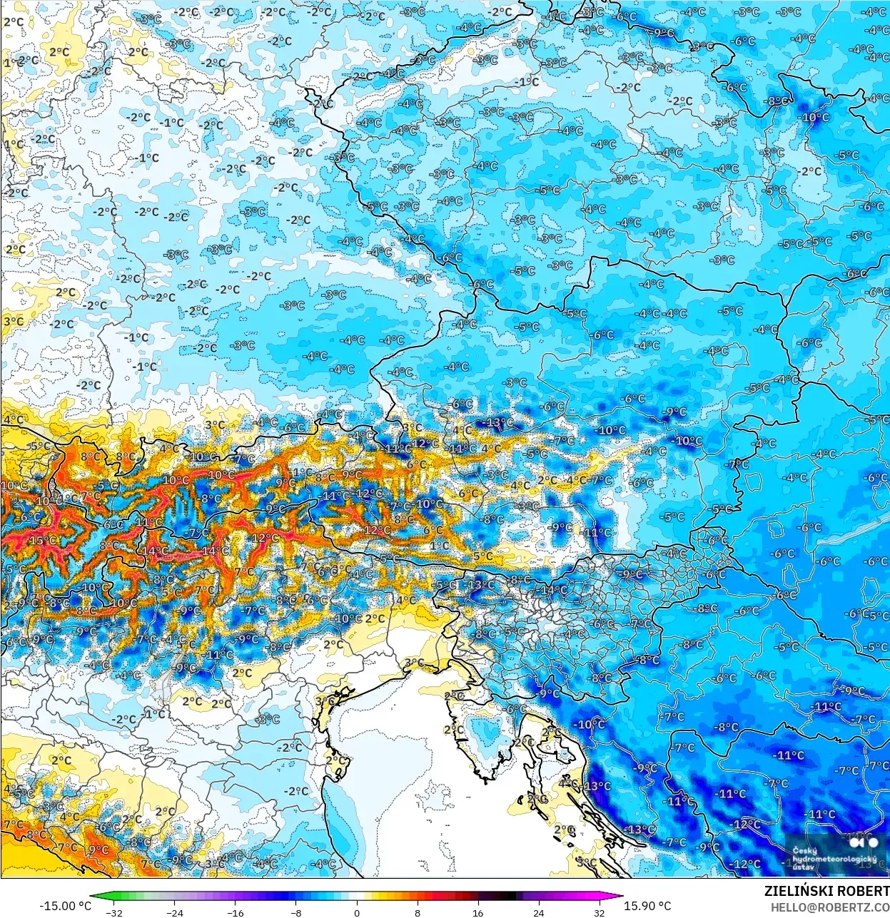 ALADIN CZ 2.3 km modelo - Austria, Anomalía de temperatura a 2 m