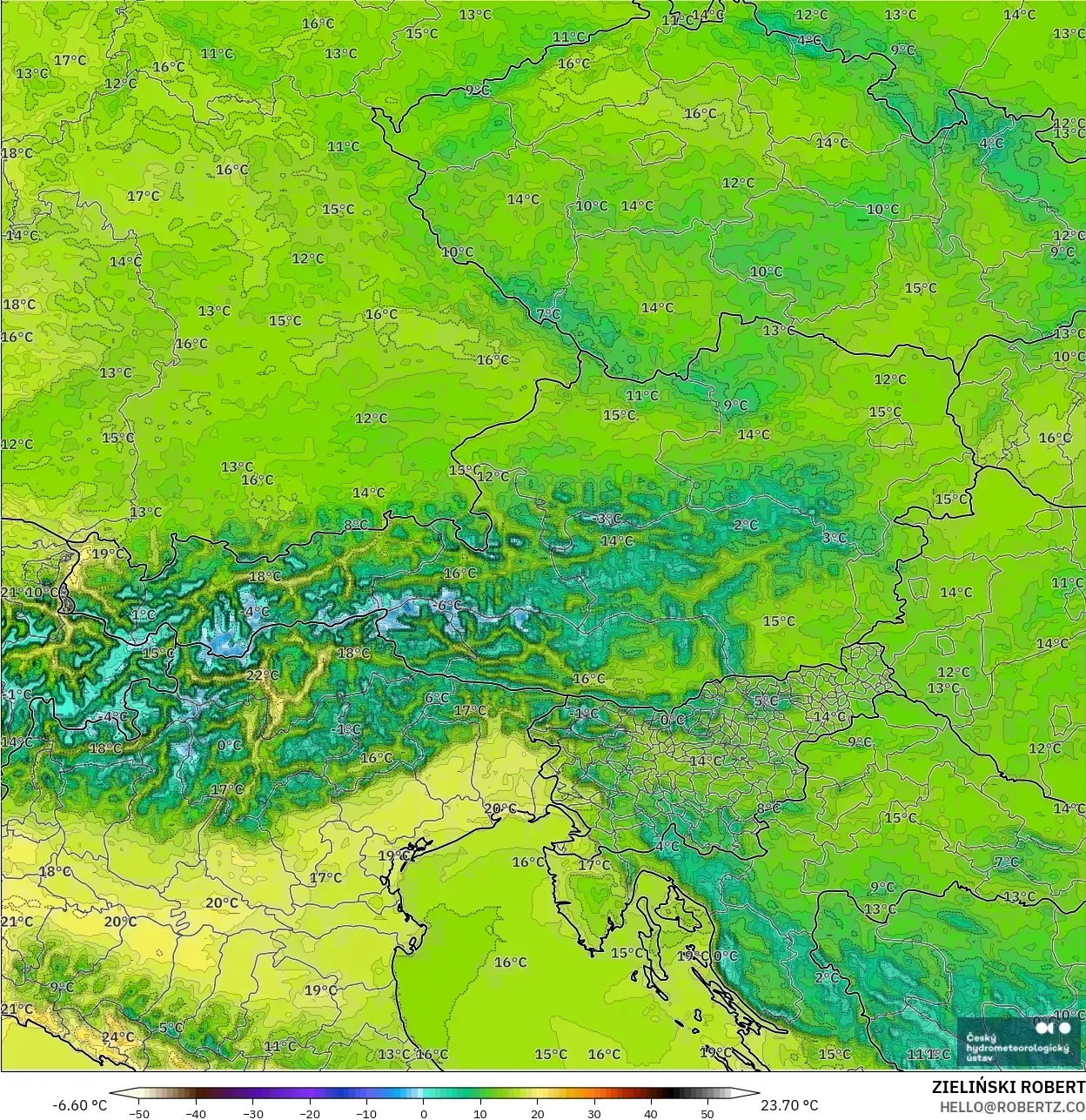 ALADIN CZ 2.3 km modelo - Austria, Temperatura a 2 m
