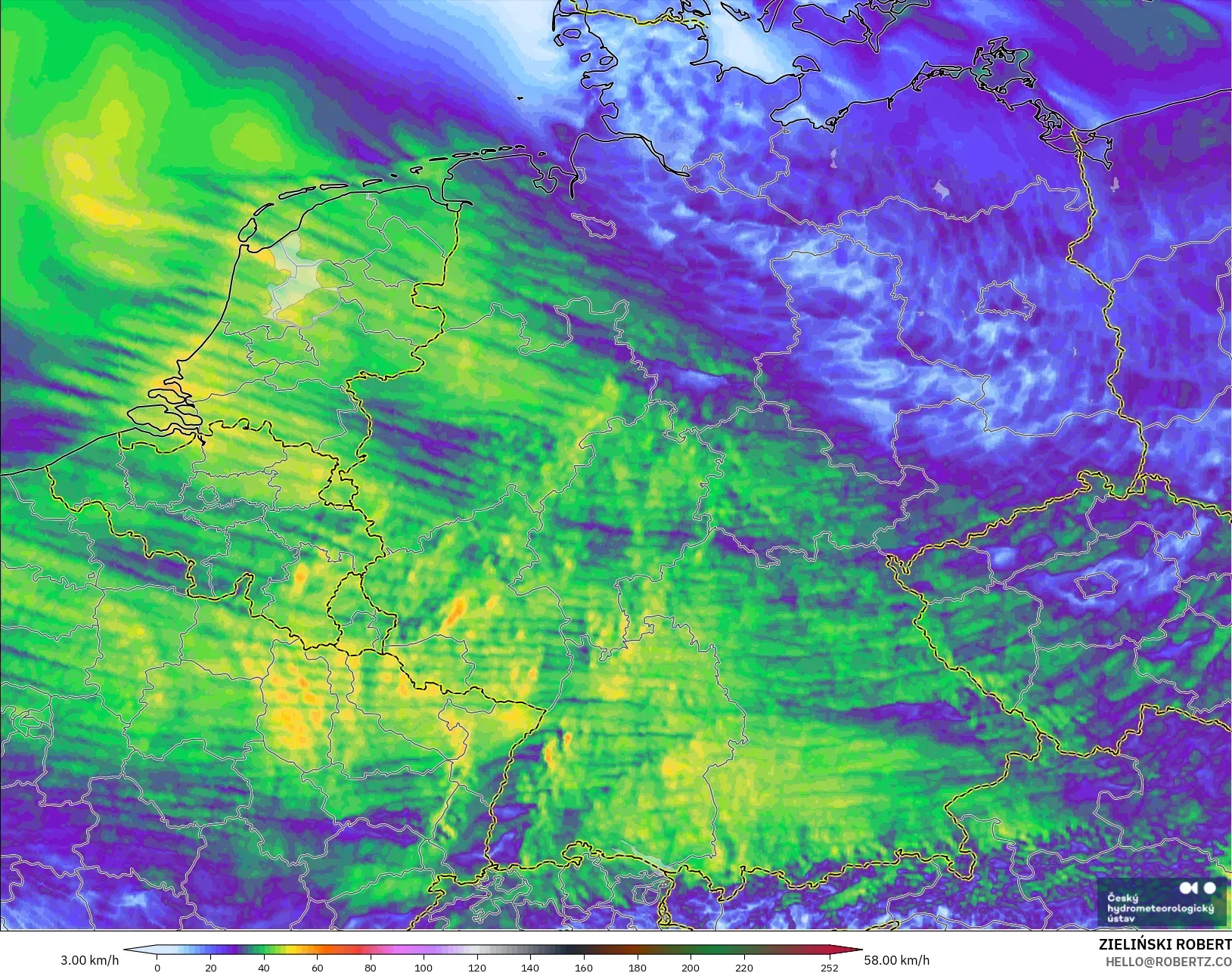 ALADIN CZ 2.3 km modelo - Alemania, Ráfagas de viento