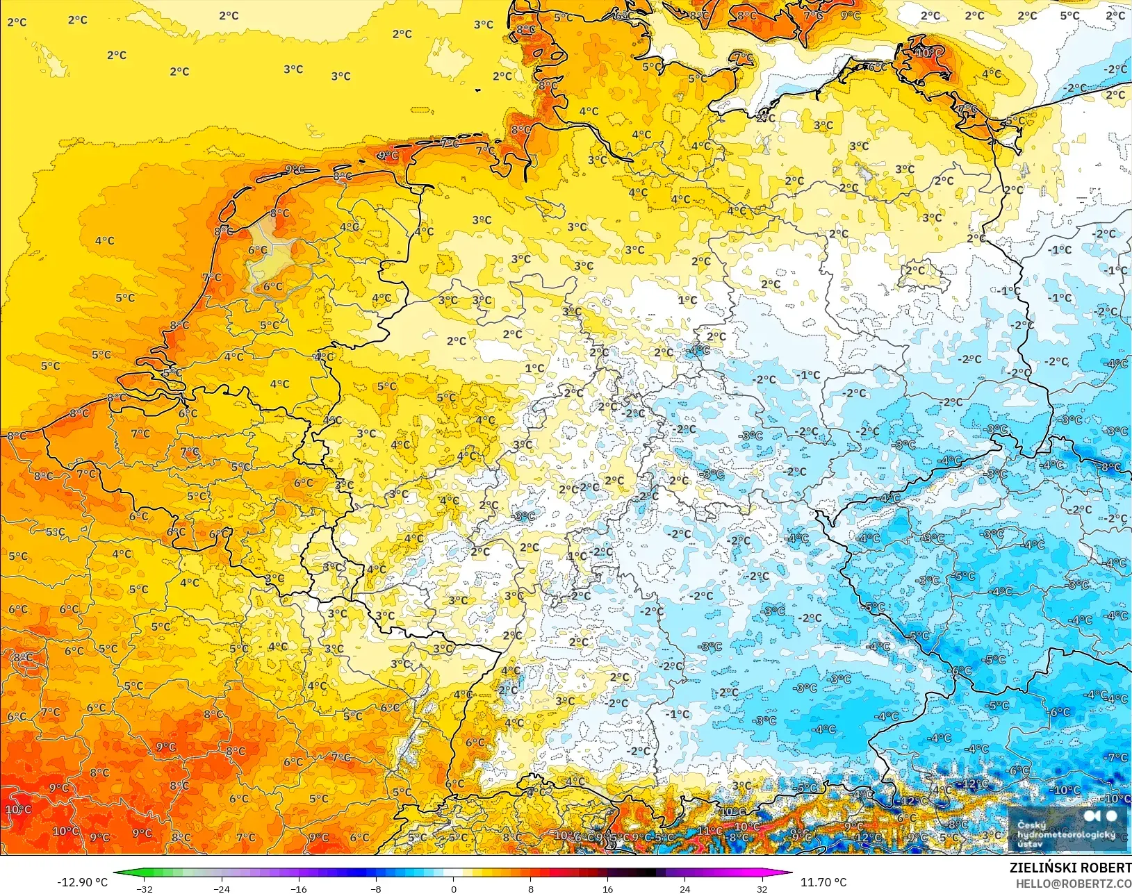 ALADIN CZ 2.3 km modelo - Alemania, Anomalía de temperatura a 2 m