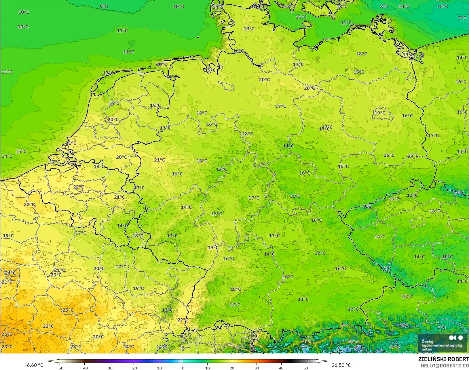 ALADIN CZ 2.3 km modelo - Alemania, Temperatura a 2 m
