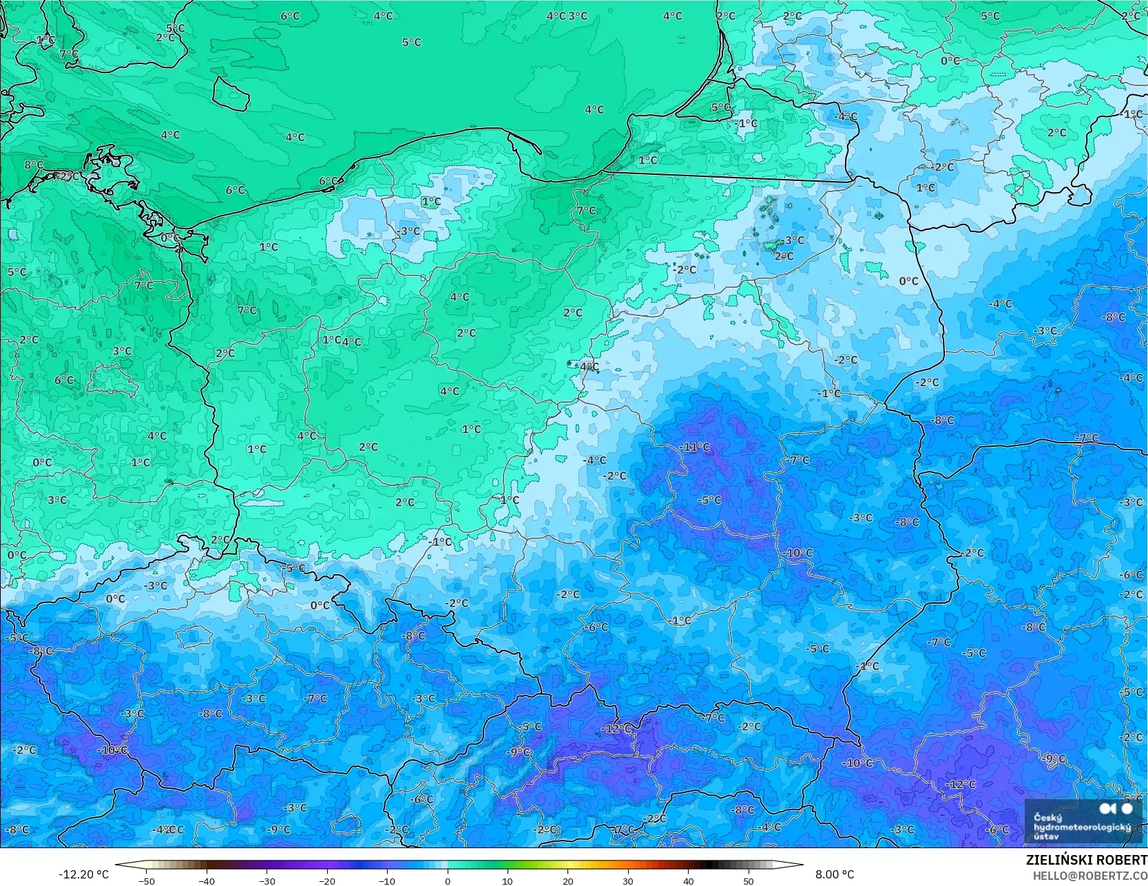ALADIN CZ 2.3 km modelo - Polonia, Punto de rocío a 2 m
