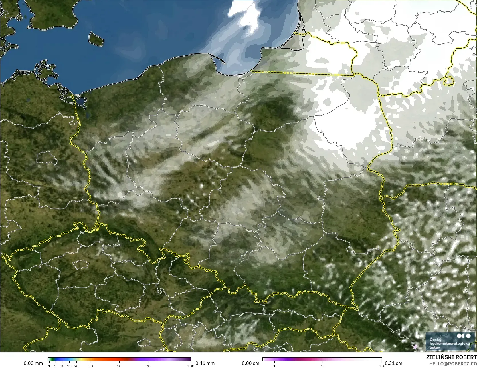 ALADIN CZ 2.3 km modelo - Polonia, Precipitación, nubes y presión