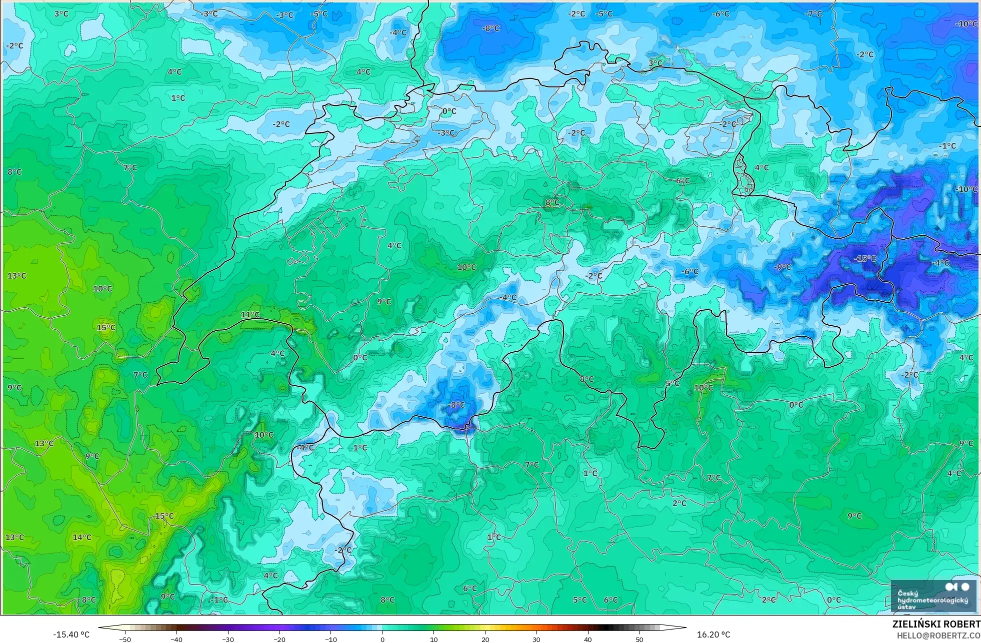 ALADIN CZ 2.3 km modelo - Suiza, Punto de rocío a 2 m