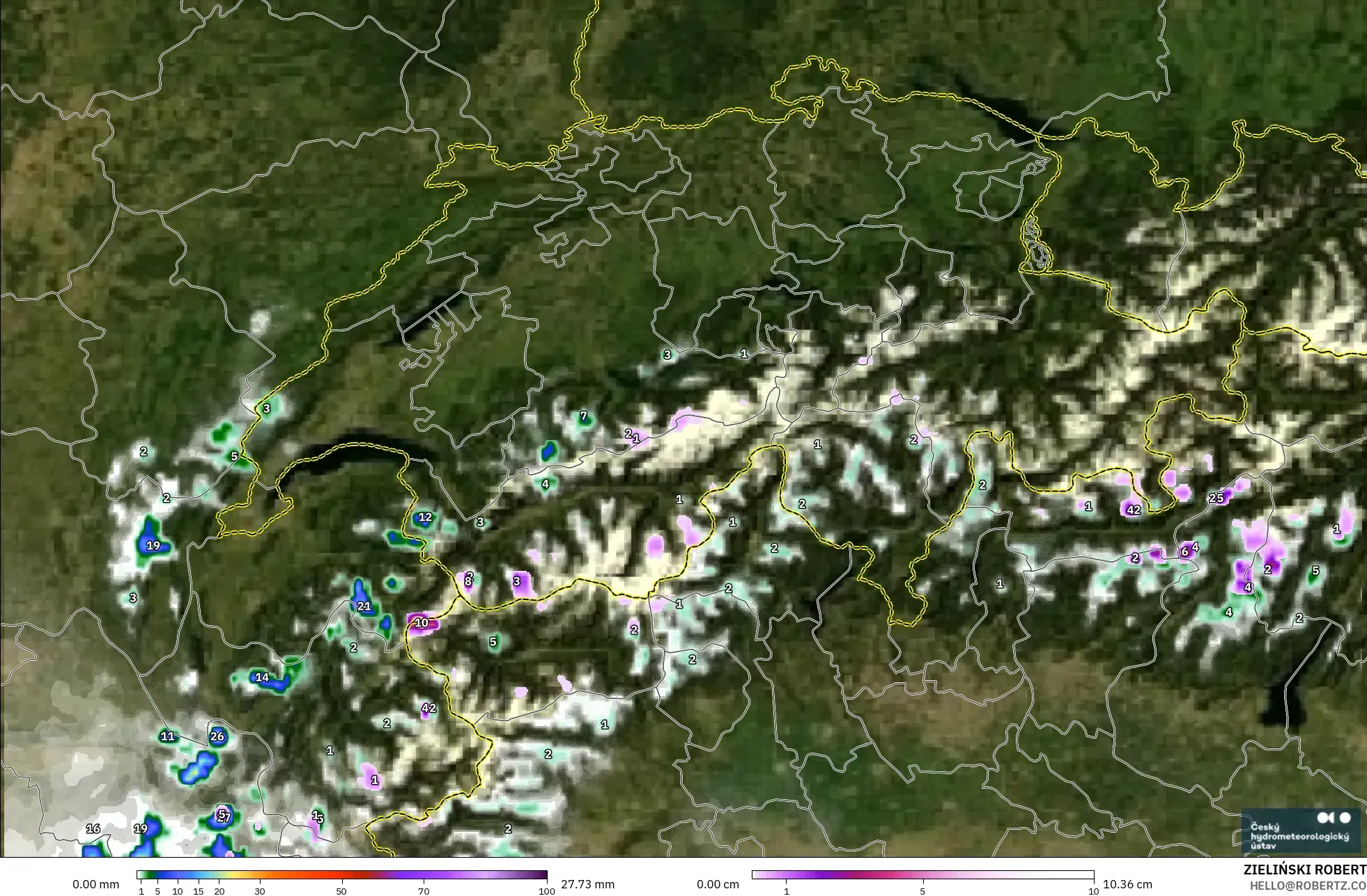 ALADIN CZ 2.3 km modelo - Suiza, Precipitación, nubes y presión