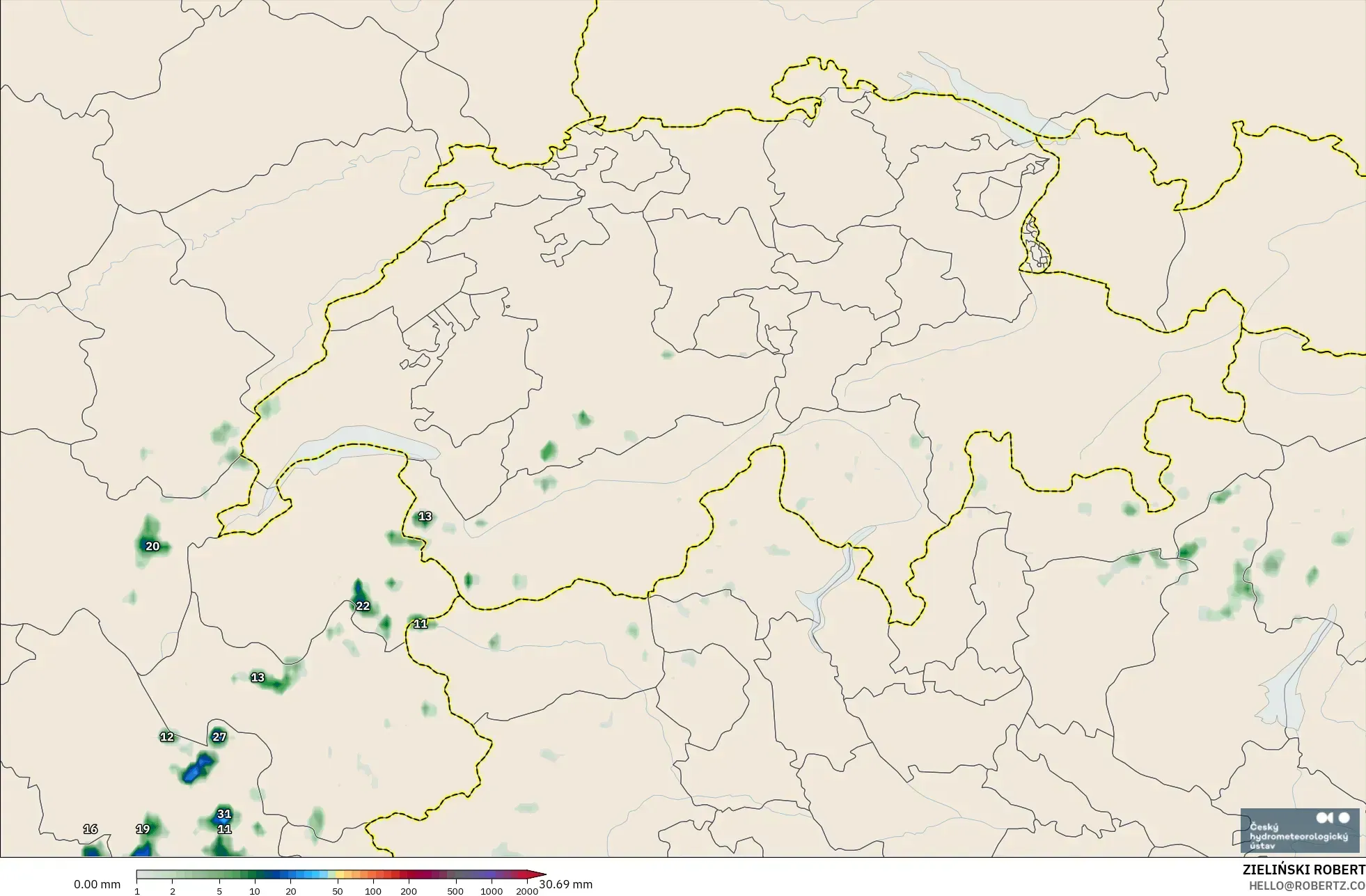 ALADIN CZ 2.3 km modelo - Suiza, Acumulación de precipitación