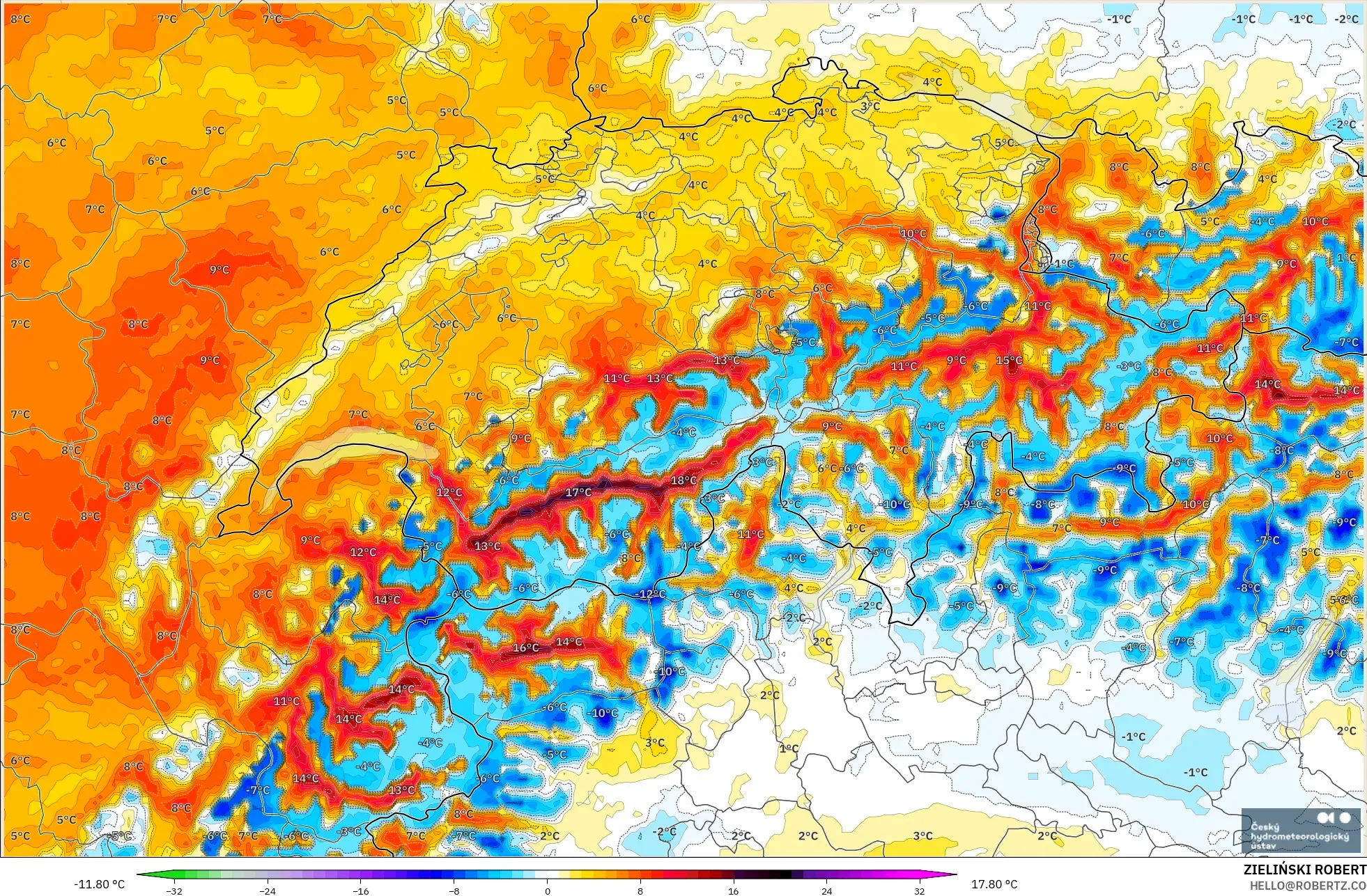 ALADIN CZ 2.3 km modelo - Suiza, Anomalía de temperatura a 2 m