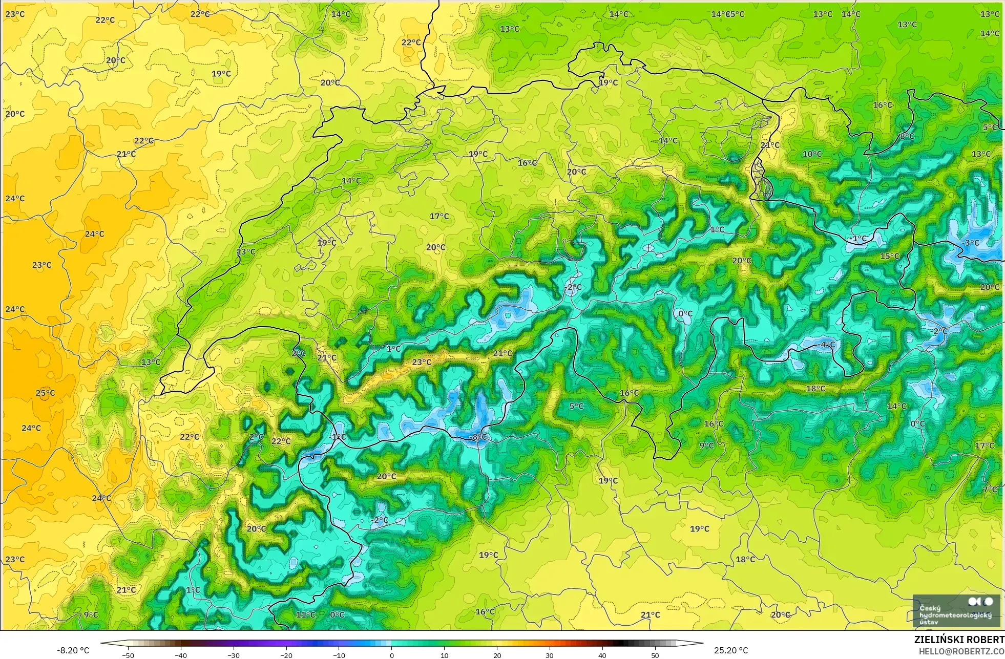 ALADIN CZ 2.3 km modelo - Suiza, Temperatura a 2 m