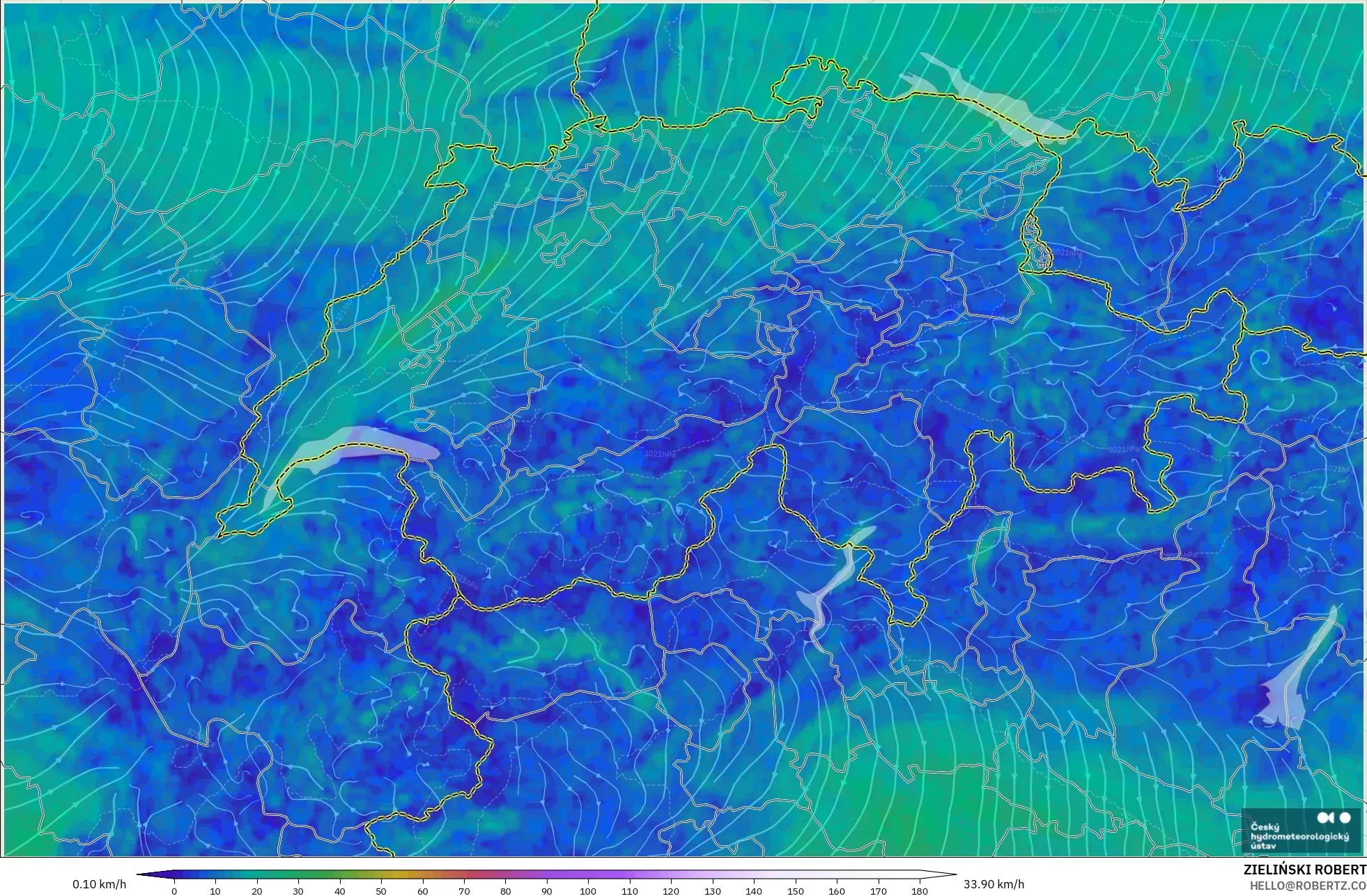 ALADIN CZ 2.3 km modelo - Suiza, Viento a 10 m