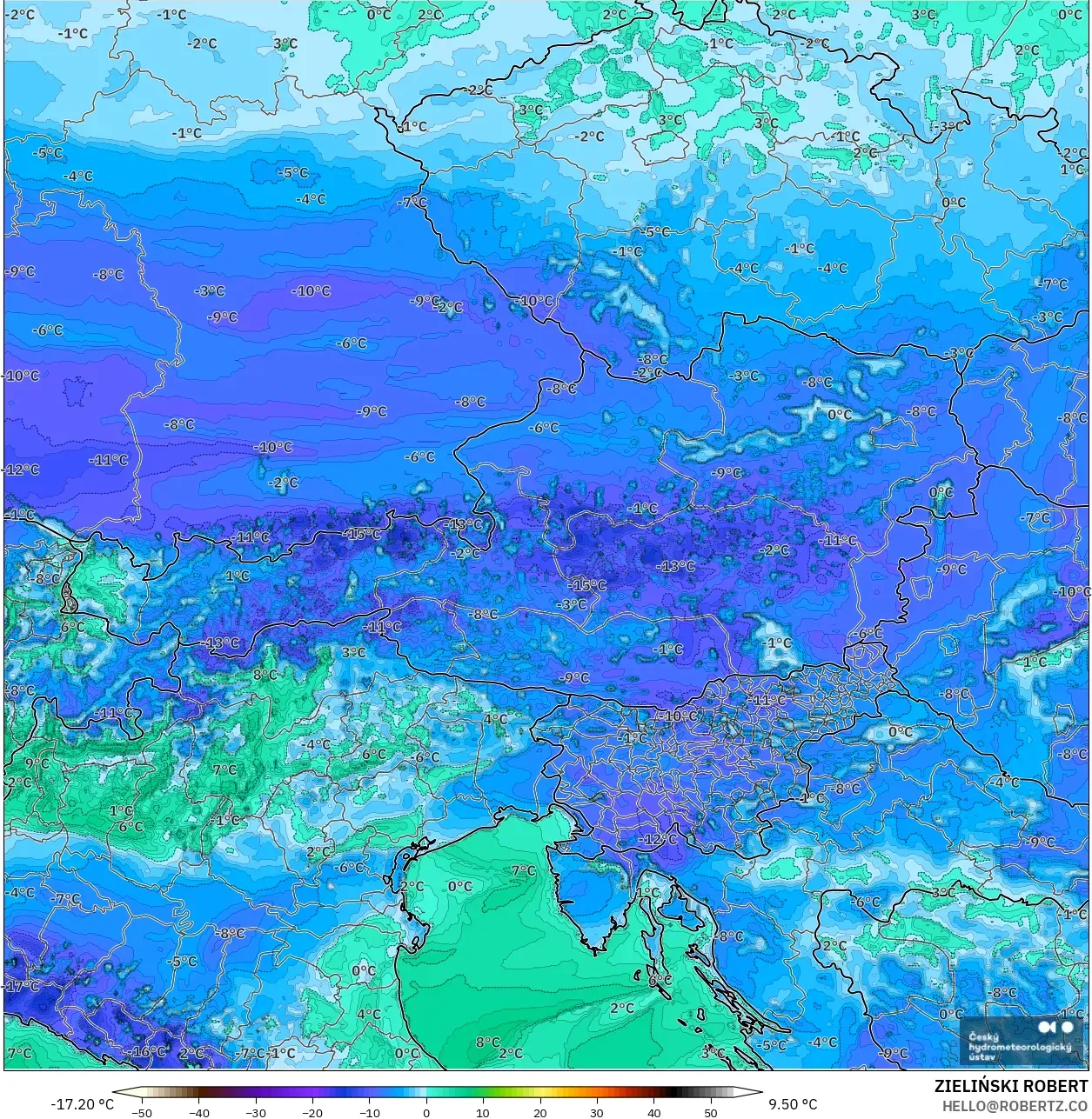 ALADIN CZ 2.3 km modelo - Austria, Punto de rocío a 2 m