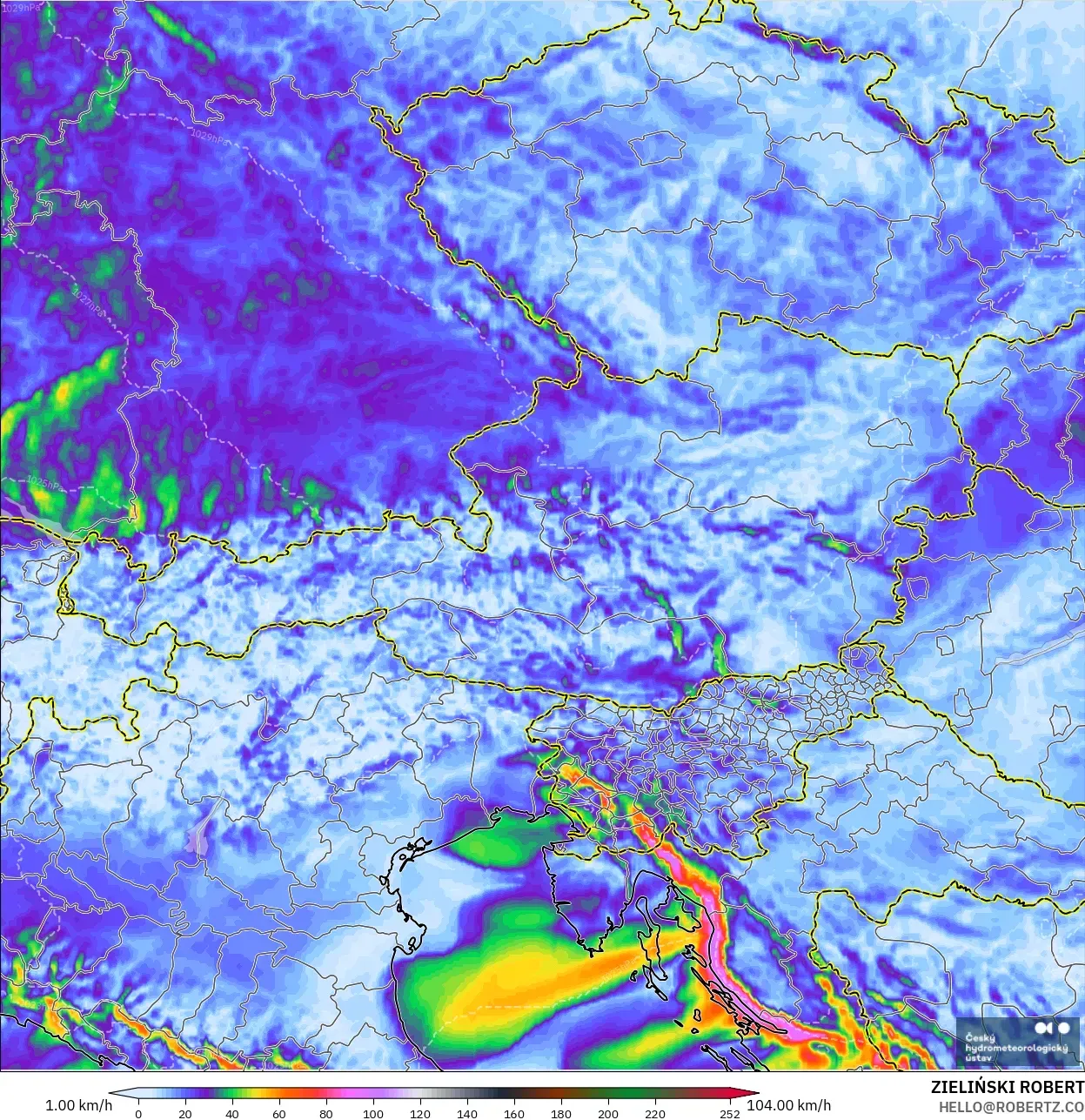 ALADIN CZ 2.3 km modelo - Austria, Ráfagas de Viento Máximas
