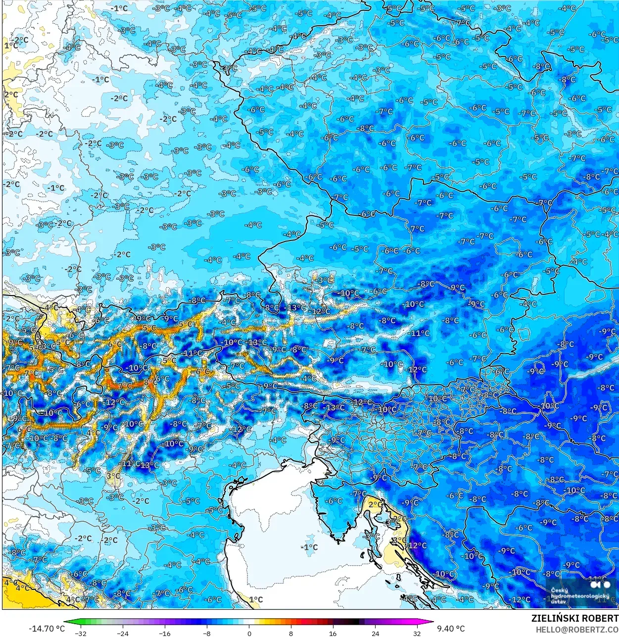 ALADIN CZ 2.3 km modelo - Austria, Anomalía de temperatura a 2 m