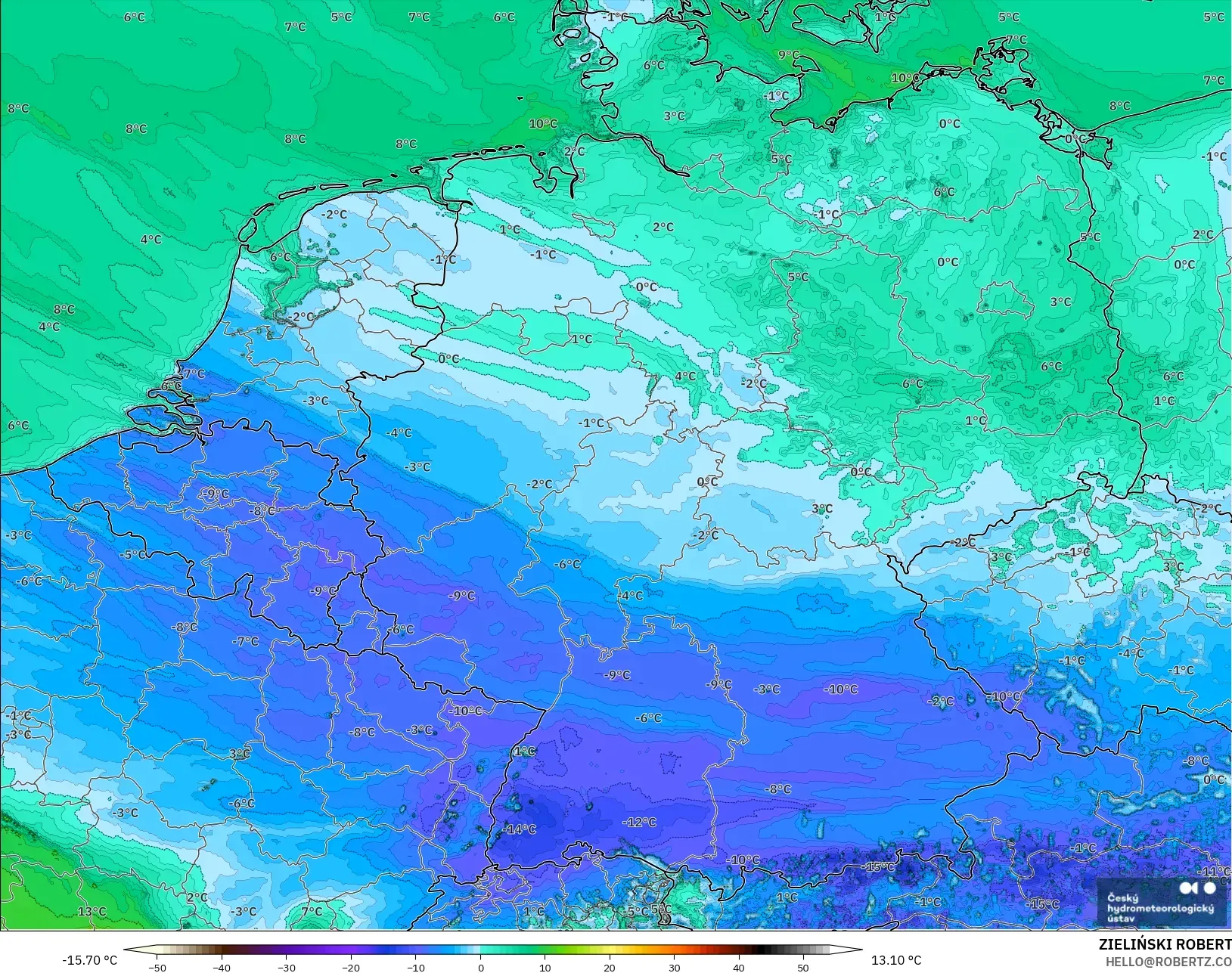ALADIN CZ 2.3 km modelo - Alemania, Punto de rocío a 2 m