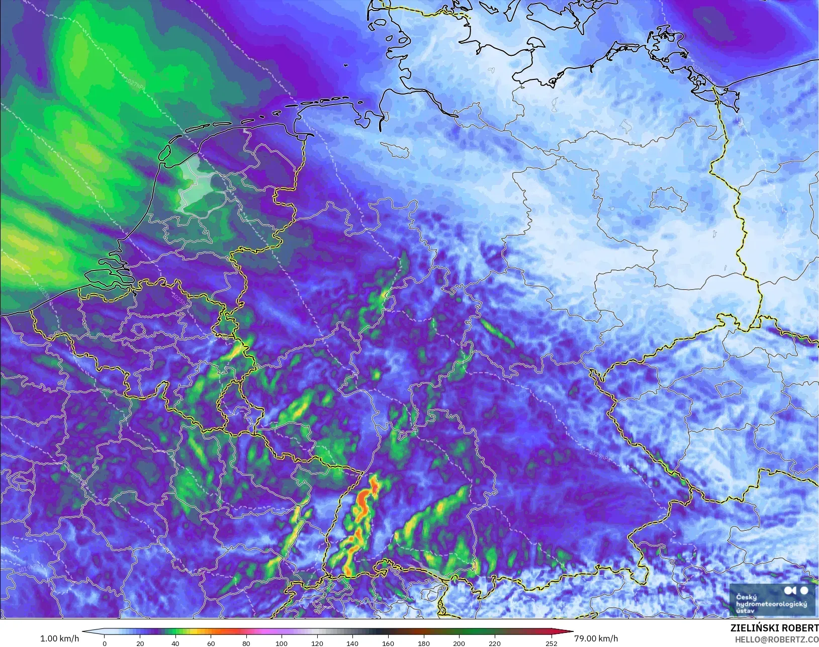 ALADIN CZ 2.3 km modelo - Alemania, Ráfagas de Viento Máximas