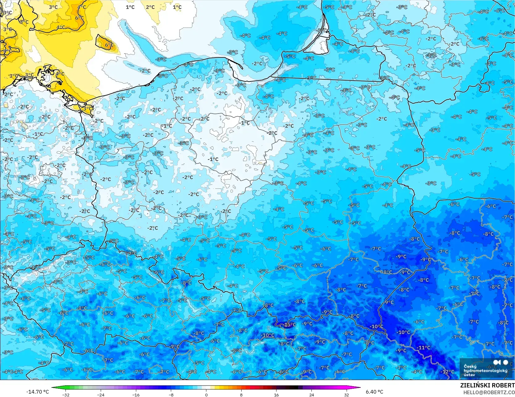 ALADIN CZ 2.3 km modelo - Polonia, Anomalía de temperatura a 2 m